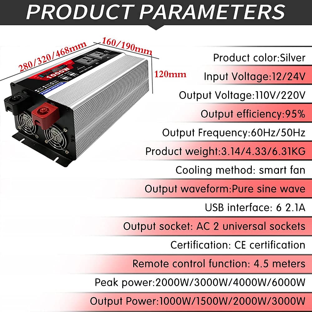 RajoNN Inversores de Corriente 2000W 3000W 4000W 6000W Inversor de Onda sinusoidal Pura Pico 12V 24V CC a 110V 220V AC Inversor de Corriente para automóvil con Control Remoto 2 Salidas de CA 6