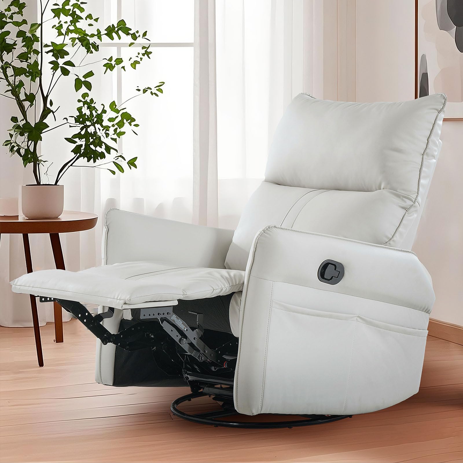 EMAI Swivel Rocker Recliner, PU Leather Manual Glider Nursery Swivel, for Bedroom, Living, Room, and Small Spaces Rocking, Two Pockets, 150° Tilt Angle Lazy Nursing Reclining Chair(Light Grey)