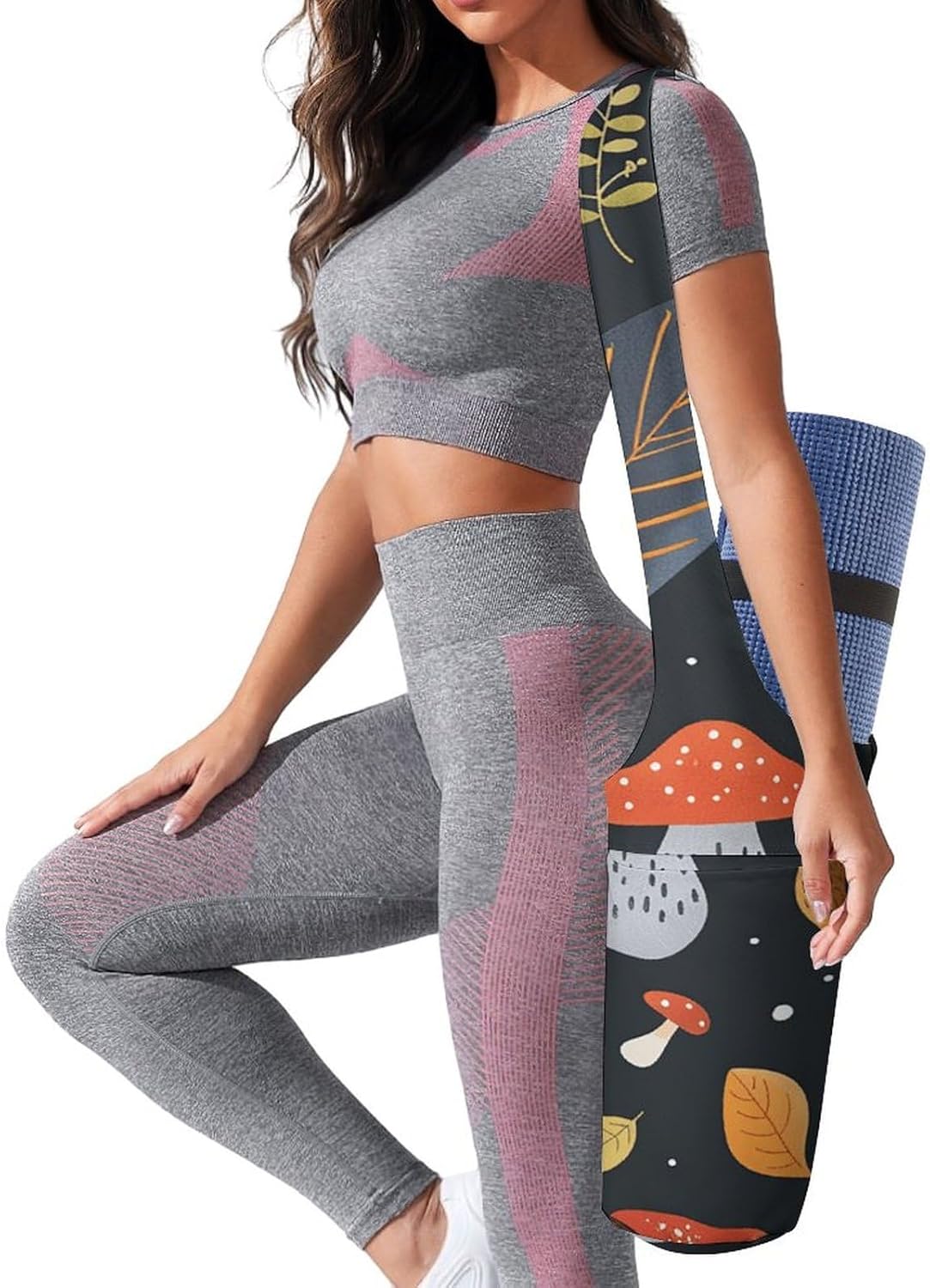 Yoga Mat Bag Large Opening Long Portable Yoga Mat Multifunctional Leaves And Mushrooms Printed Storage Bag Suitable for Fitness Pilates