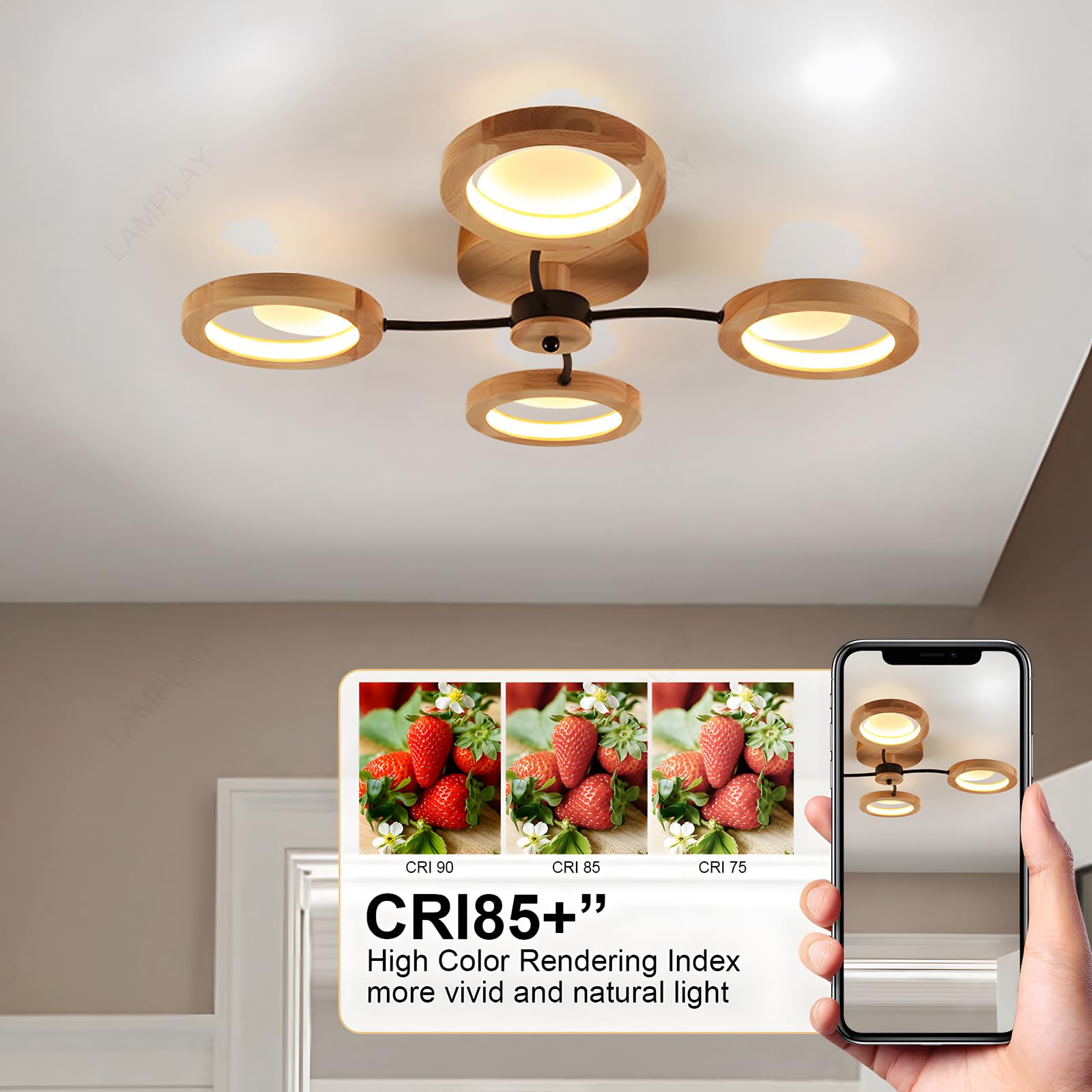 Moderne LED-Deckenleuchte, Ø74cm Kronleuchter Dimmbar Mit Fernbedienung 3000K-6000K, Schwarzer Arm + 4 Holzringe, Metallkreis-Lampenschirm, Wohnzimmer Schlafzimmer Esszimmer Arbeitszimmer Büro