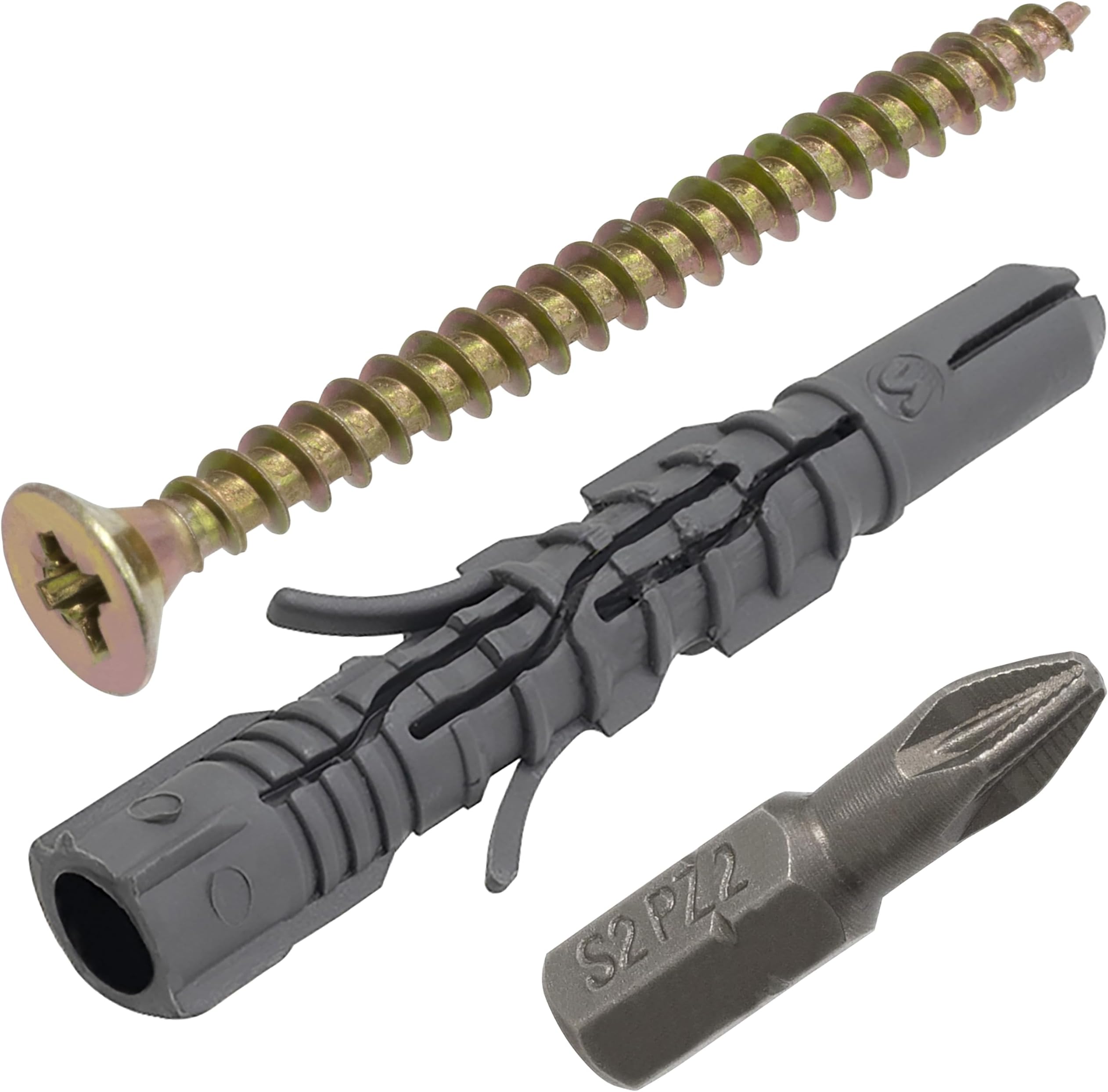 AERZETIX - Set of 50 universal dowels Ø8x60 mm made of nylon + 50 yellow wood screws Ø5x60 mm + 1 screw bit PZ2 1/4 | for fixing in solid materials