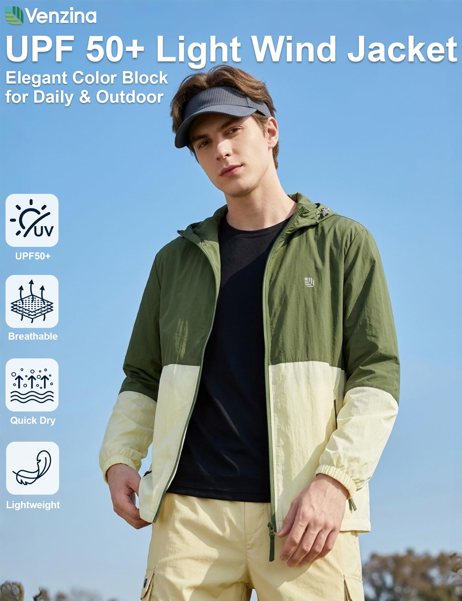 Venzina® Men's Loose-Fit Breathable Sun Hoodie - UPF 50+ Ultra-Lightweight Wind-Resistant Jacket with Subtle Color-Block Design, Packable & Quick-Dry for Camping, Hiking, Fishing & Outdoor- Green-L 1