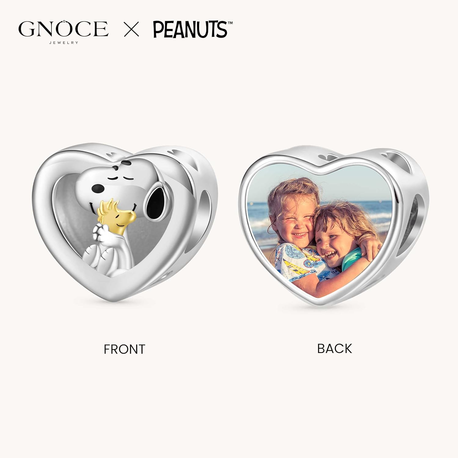 GNOCE Snoopy Hugs Woodstock Personalized Photo Heart Charm Bracelet for Women, S925 Sterling Silver Dangle Charms for Women Wife, Valentine‘s Day, Mother’s Day Jewelry