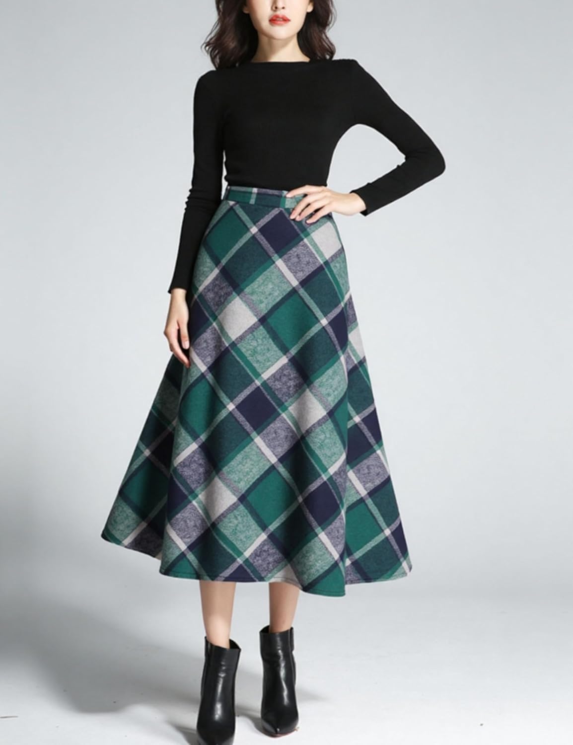 Tanming Women's Winter Warm Elastic Waist Wool Plaid A-Line Pleated Long Skirt