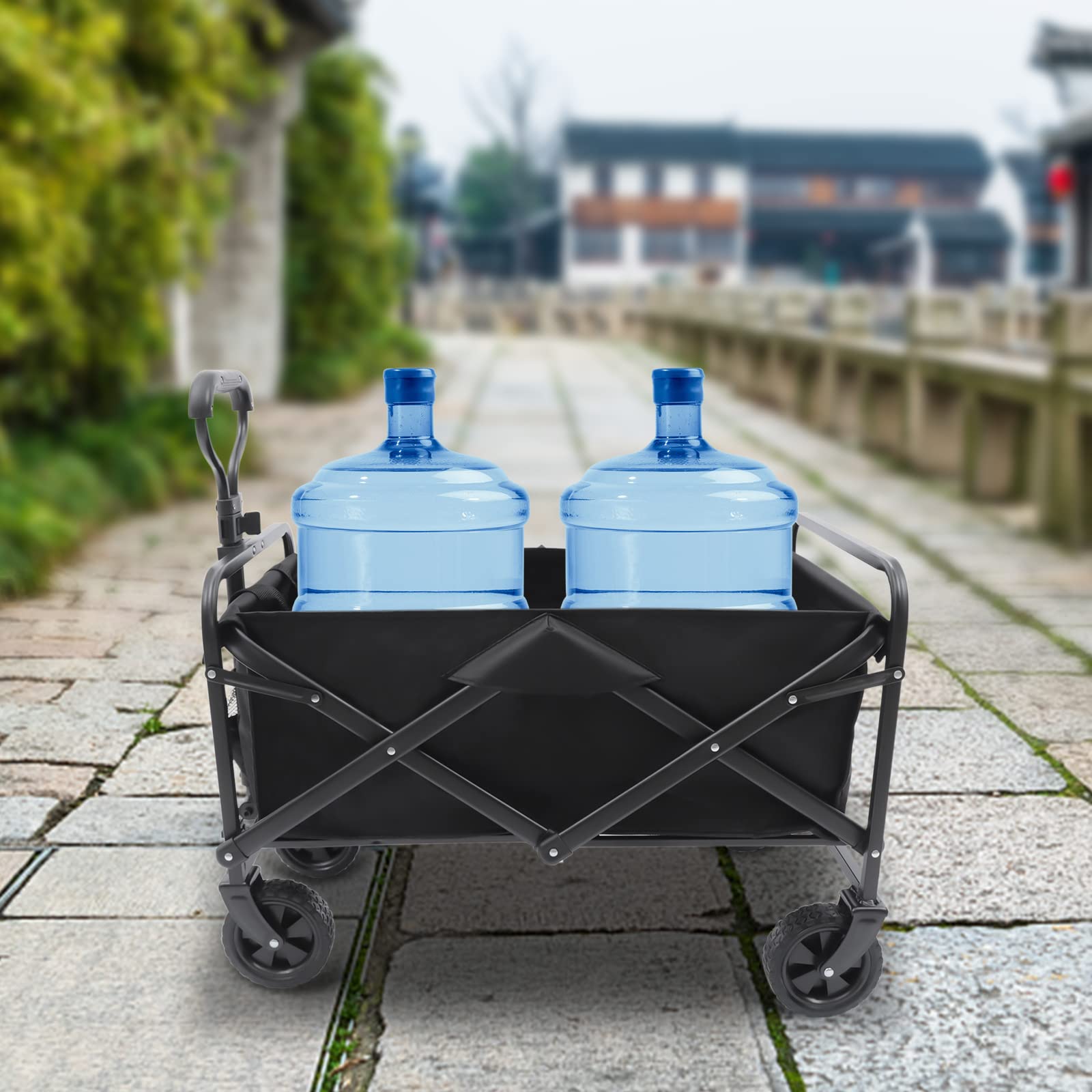Carrello pieghevole con portabicchieri e maniglia regolabile, carrello pieghevole come carrello da trasporto e carrello da spiaggia per esterni, campeggio, shopping, giardino, portata 80 kg, nero