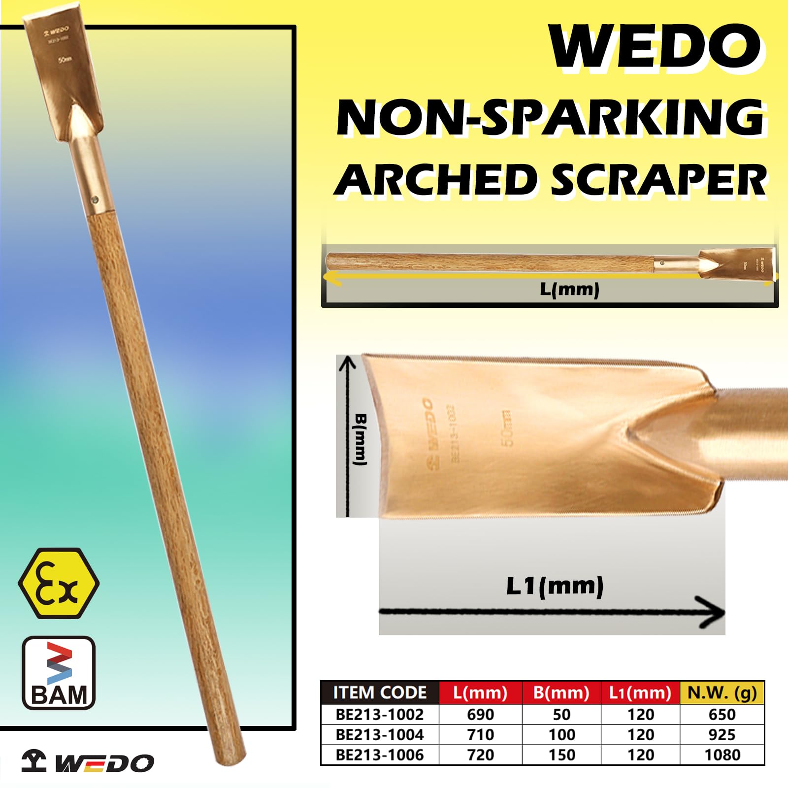 WEDO Narzędzie do skrobania nieiskrzącego, skrobak podłogowy ostrze w kształcie łuku 50 x 120 mm, długość 690 mm, miedź berylowa, niemagnetyczny skrobak do farb, certyfikat BAM/FM, szeroko stosowany w