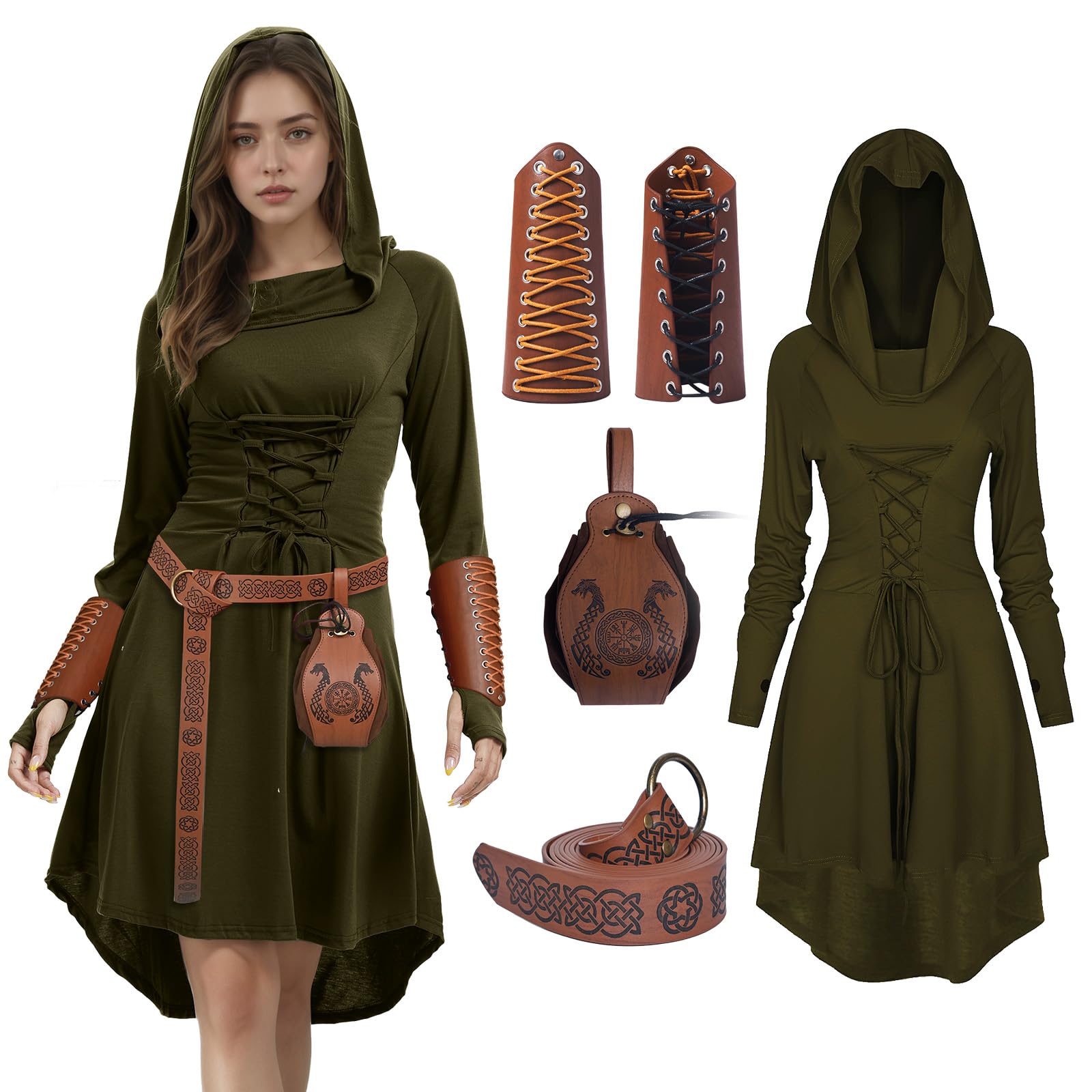 4 Stück Renaissance kostüm für Damen, Gothic Mittelalter Kleidung, Kapuzenkleid mitKorsett für Halloween Partys
