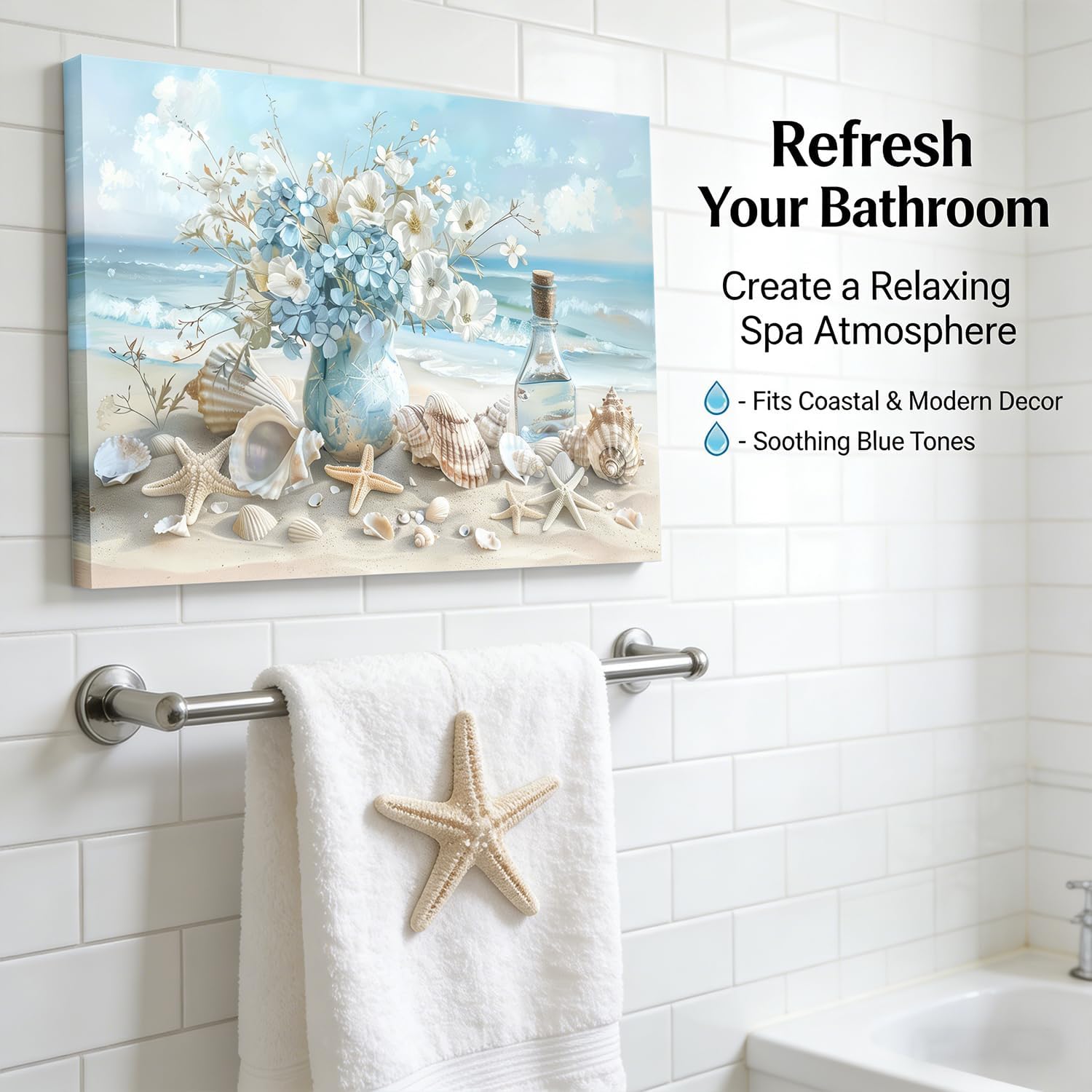 Blue Ocean Beach Bathroom Canvas Wall Art Seaside Seashell Painting Picture Wall Decor Starfish with White Flower Coastal Poster Print Artwork for Living Room Bedroom Bathroom 16x24 in Canvas