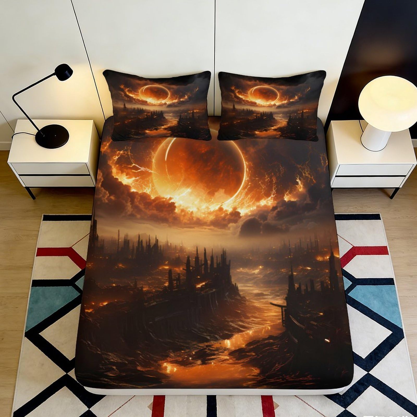 3D Printed Fiery Apocalypse Fitted Sheet Microfiber Soft Orange Planet Bed Cover for Bedroom Dorm Decor 90x200x25cm
