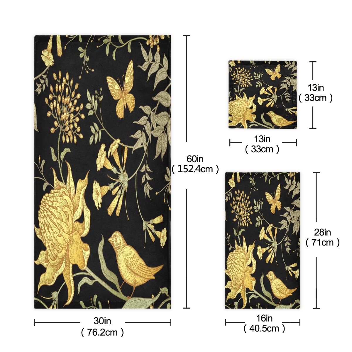 Vnurnrn Flor Amarilla Pájaro Dorado Juego de Toallas para Baño Playa Toalla (1 Toalla de Baño y 1 Toalla de Mano y 1 Paño de Lavado) para Nadar Niñas Niños
