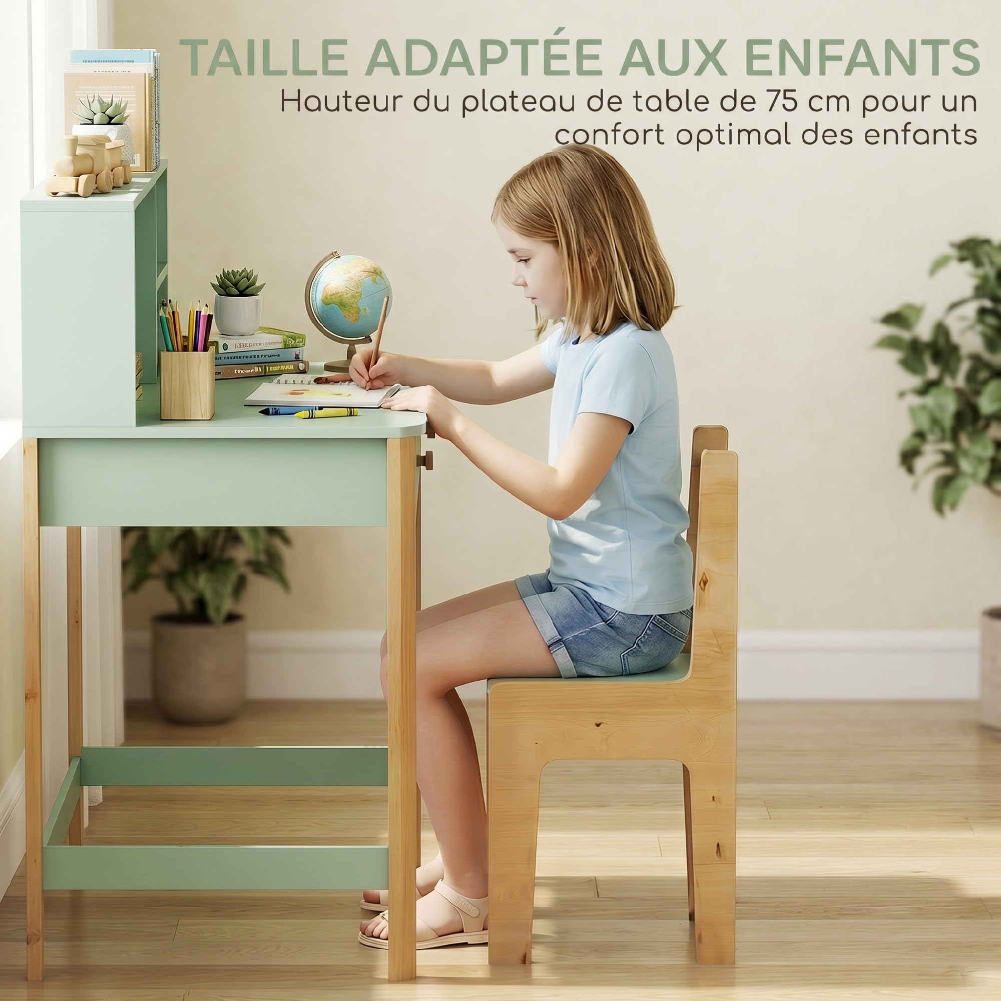 AIYAPLAY Bureau Enfant en Bois avec Grand Plateau 75H cm, 2 Tiroirs, 3 Compartiments Ouverts, Table Étude Dessin Lecture, 5-12 Ans, Vert