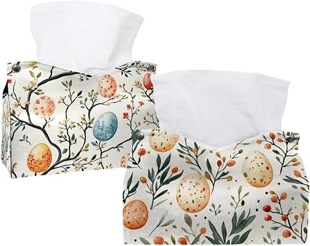 2 pack Easter Rabbits Eggs Tissue Box Cover Leather Facial Tissue Dispenser Box Holder for Dresser Bathroom Decorative