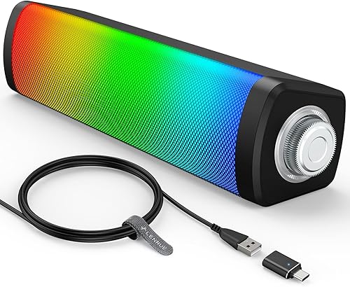 LENRUE Altavoces de computadora USB para monitor de escritorio, pequeños altavoces de PC con sonido nítido, control de perilla, luces táctiles de