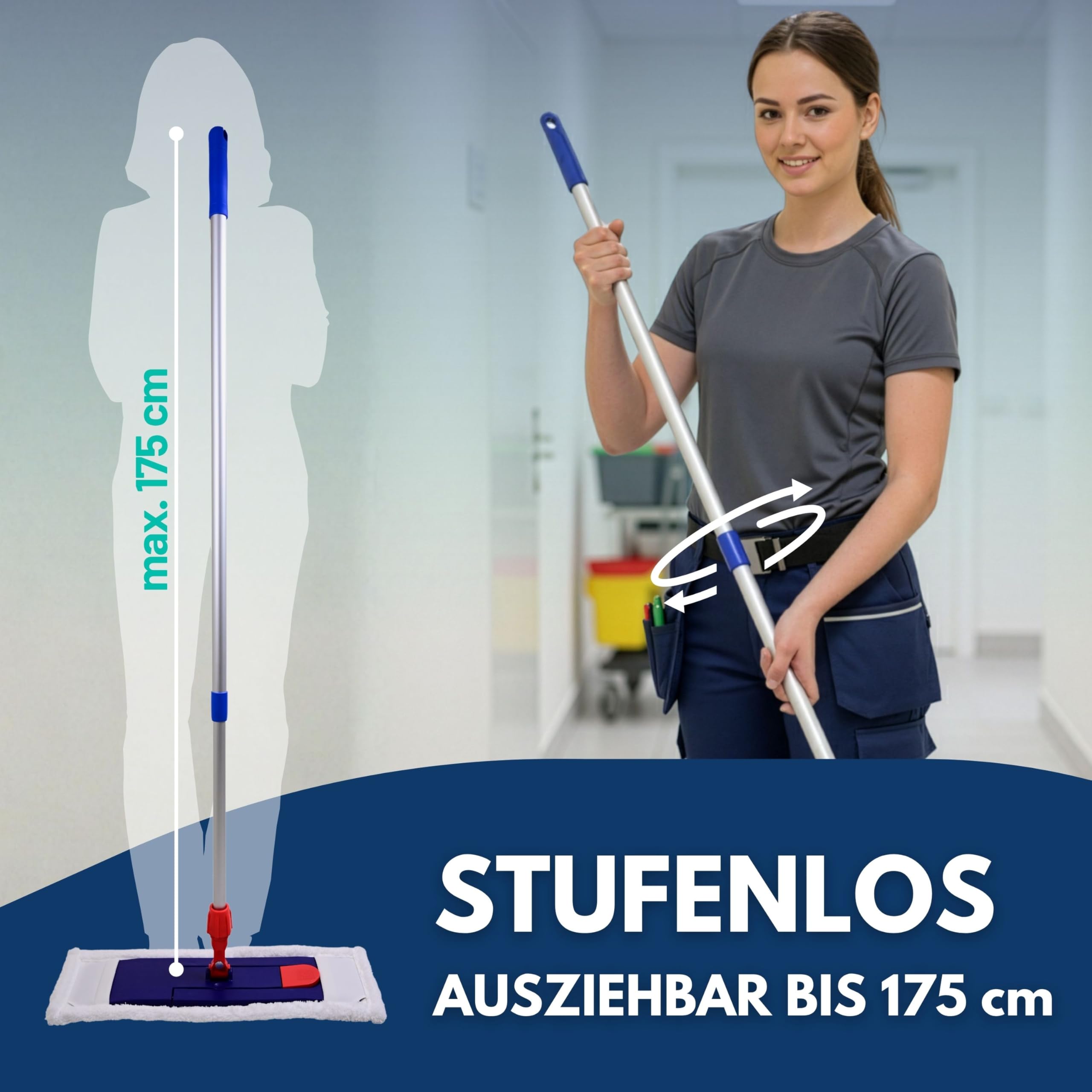 SONTY Profi Wischmopp 50 cm Set – Bodenwischer mit Magnet Klapphalter, 50 cm Microfaser Wischbezug & verstellbarem Alu Moppstange | Wischmop für Gewerbe, Gastro, Haushalt & Hartböden