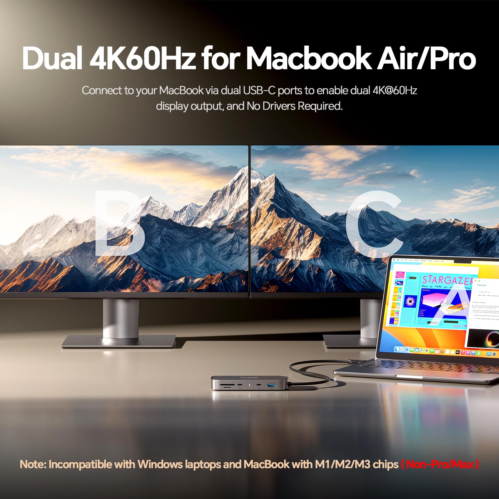 MacBook Docking Station Doppio Monitor 4K@60Hz per MacBook Pro/Air M5/M4/M3 Pro e Max, Docking Station per 2 monitor con 2 porte HDMI, PD, Ethernet, USB A/C 10 Gbit/s, SD/TF, USB 2.0