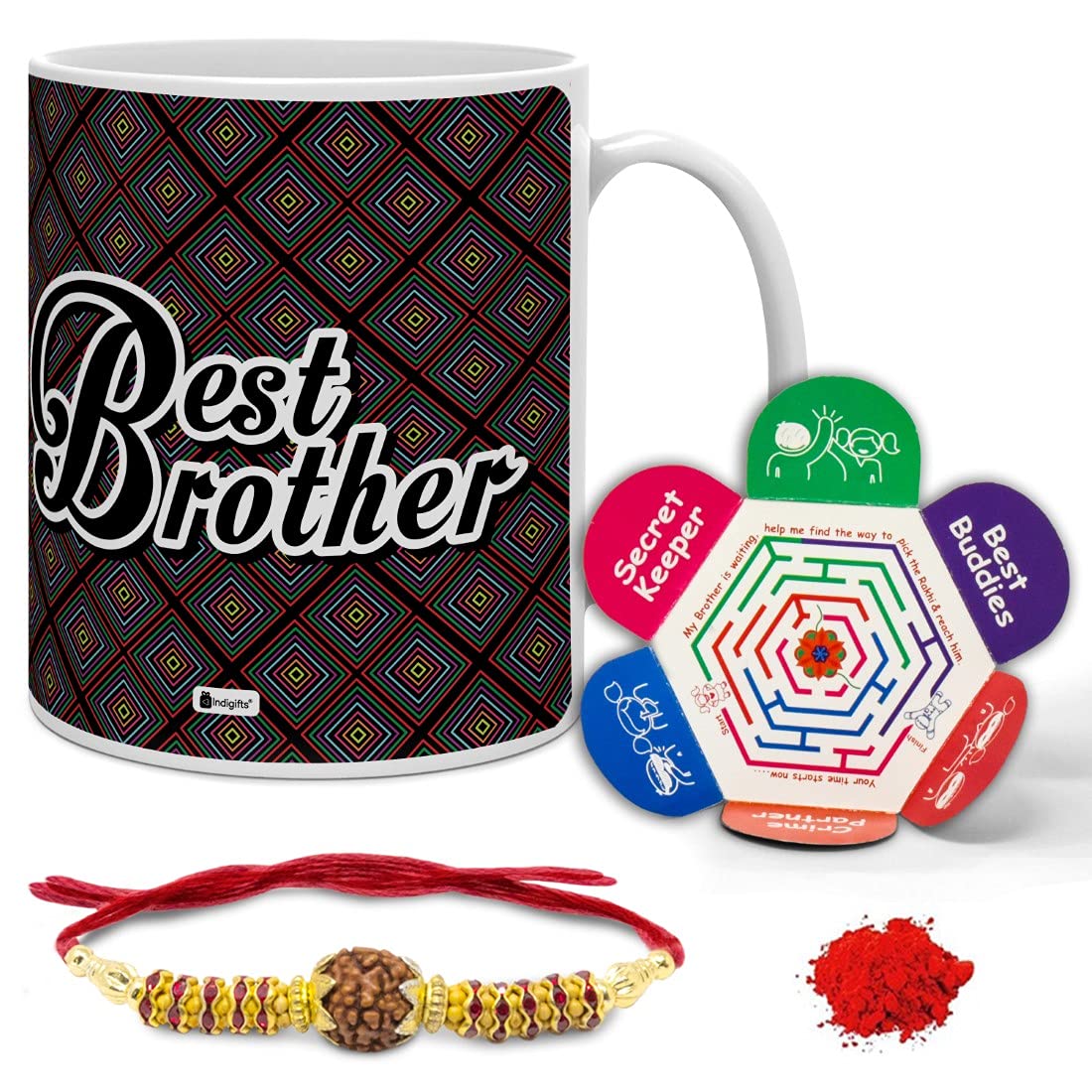 Indigifts Rakhi Gift for Brother Best Bro Quote Printed Black Coffee Mug 330 ml, Rudraksha Rakhi, Roli & Greeting Card - Rakshabandhan Gifts for Brother, Rakhi for Brother with Gifts