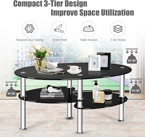 Miniatura 13 de Moccha - Mesa de centro de cristal, 3 niveles, moderna mesa de té ovalada de vidrio liso con amplio escritorio de vidrio y patas cromadas