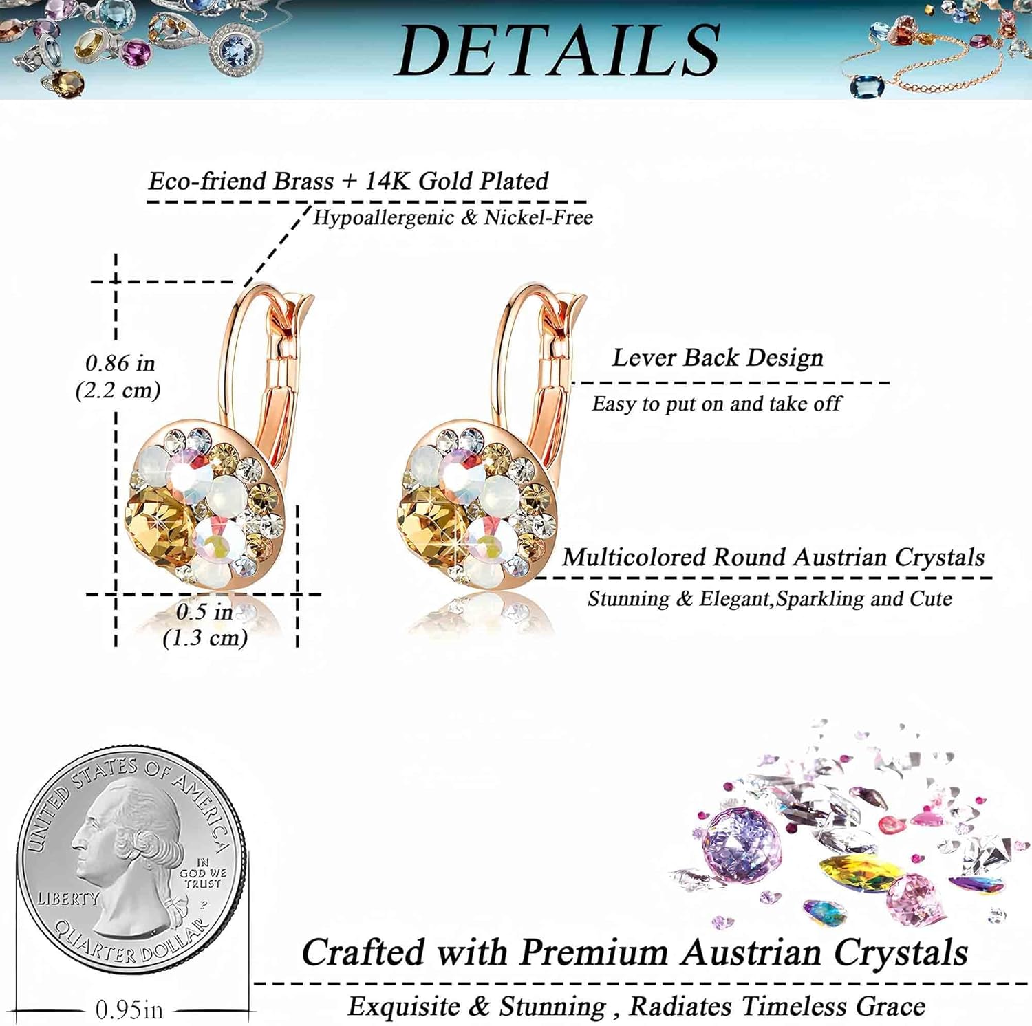 Multicolored Austrian Crystal Leverback Earrings for Women 14K Gold Plated Dangle Hoop Earrings Hypoallergenic Jewelry - Image 4