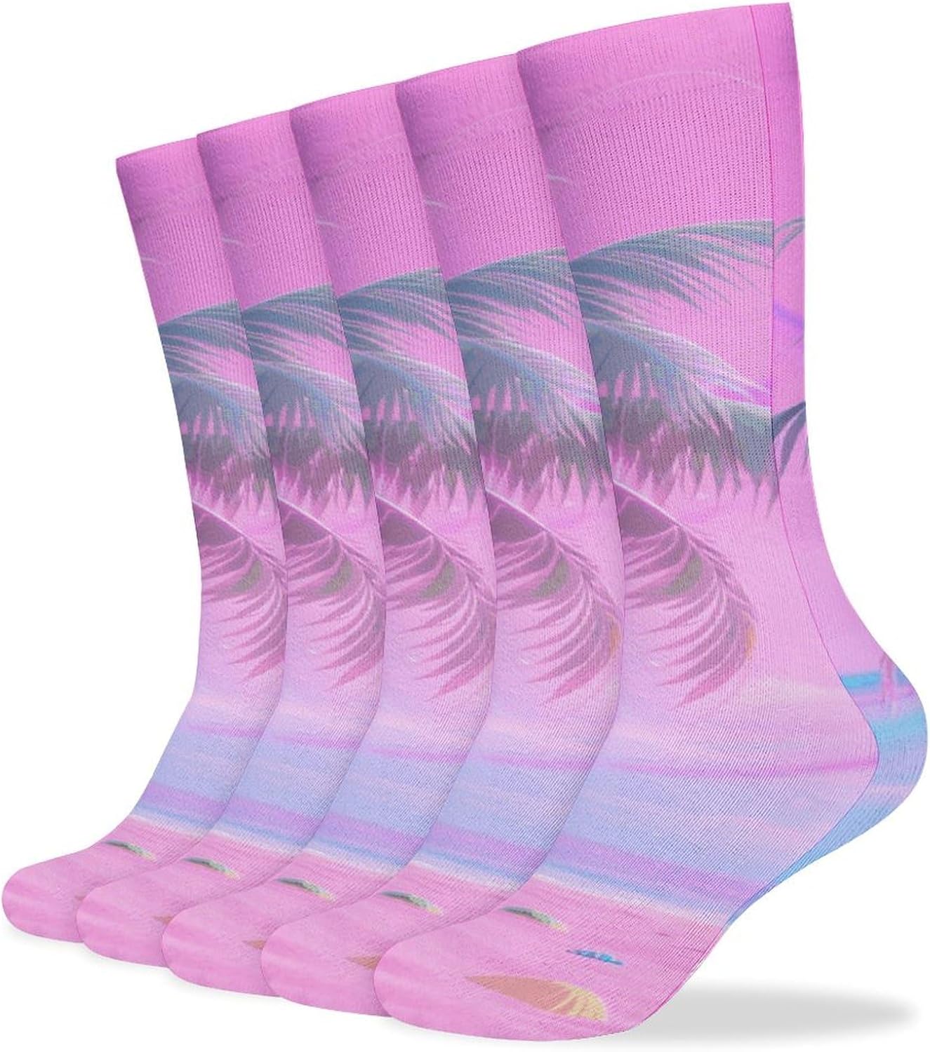 5-Pack Knee High Socks, 15.7 Inch Breathable Casual Socks Hologram Palm & Pink Sand Stockings for Men Women