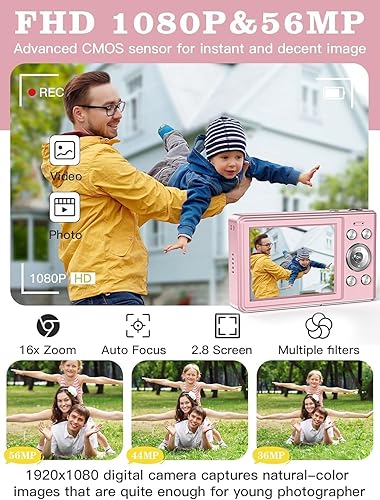 Miniatura 2 de Cámara digital actualizada, cámara FHD 1080P de 56 MP para niños con zoom de 16 x antivibraciones, cámara para niños con tarjeta TF de 32 GB, dos