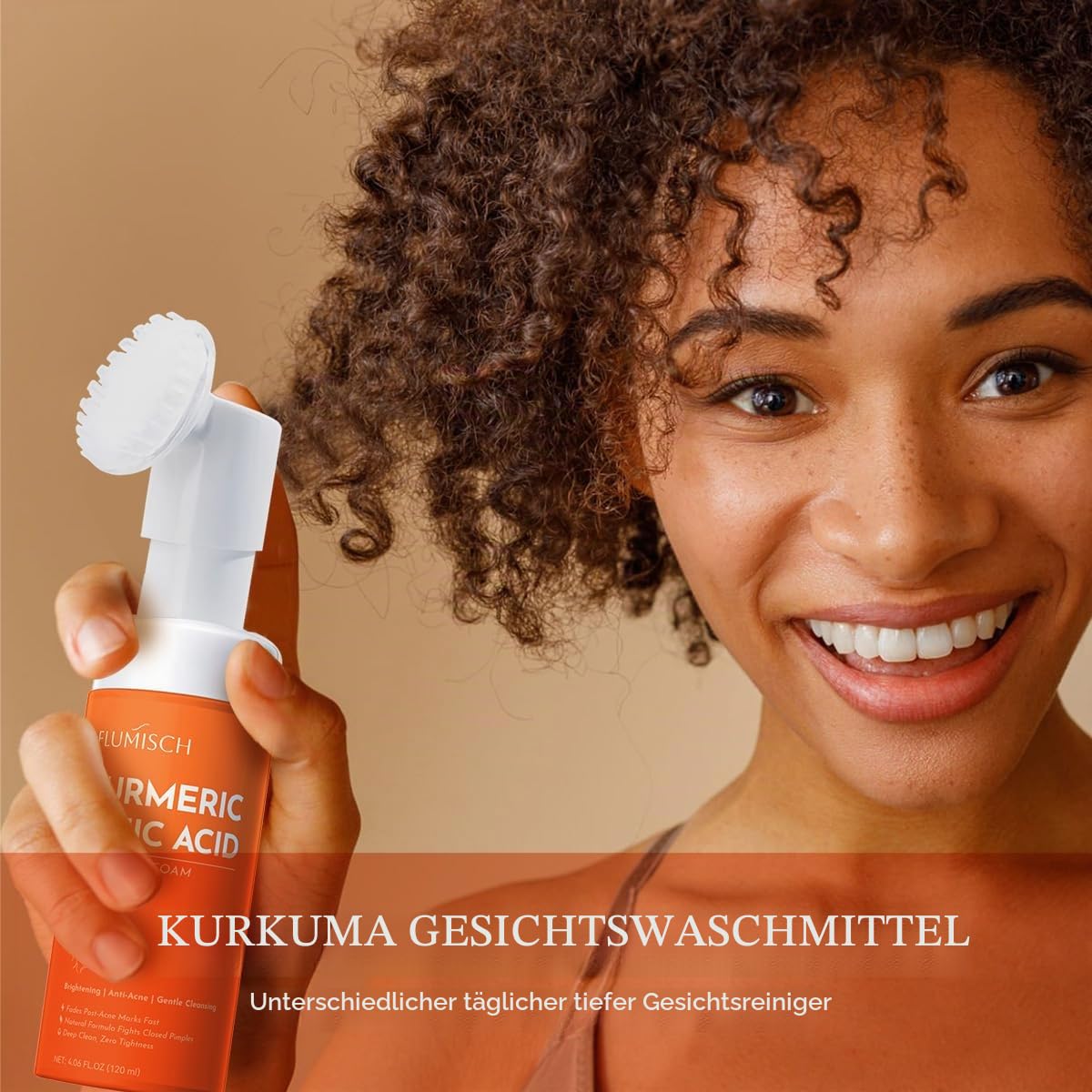 FluMisch Kurkuma- und Kojisäure-Gesichtsreiniger, aufhellendes Kurkuma-Gesichtswasser mit weichen Massageköpfen, ultrasanftes, schäumendes Gesichtswasser für Tiefenreinigung & Feuchtigkeitspflege