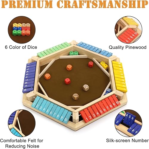 Miniatura 2 de plusvivo Shut The Box - Juego de dados de madera para 1 a 6 jugadores, con 14 dados para niños y adultos, juego clásico de estrategia matemática de