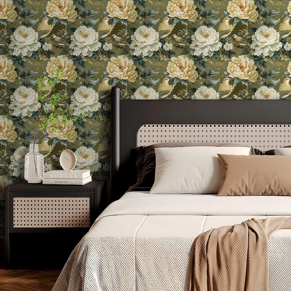 LACHEERY Chinoiserie Peony Wallpaper Prepasted Gold Vintage Floral Bird Peel and Stick Wallpaper for Bathroom Waterproof Self Adhesive Large Flower Contact Paper for Cabinets Drawers Walls 17.5"x80"