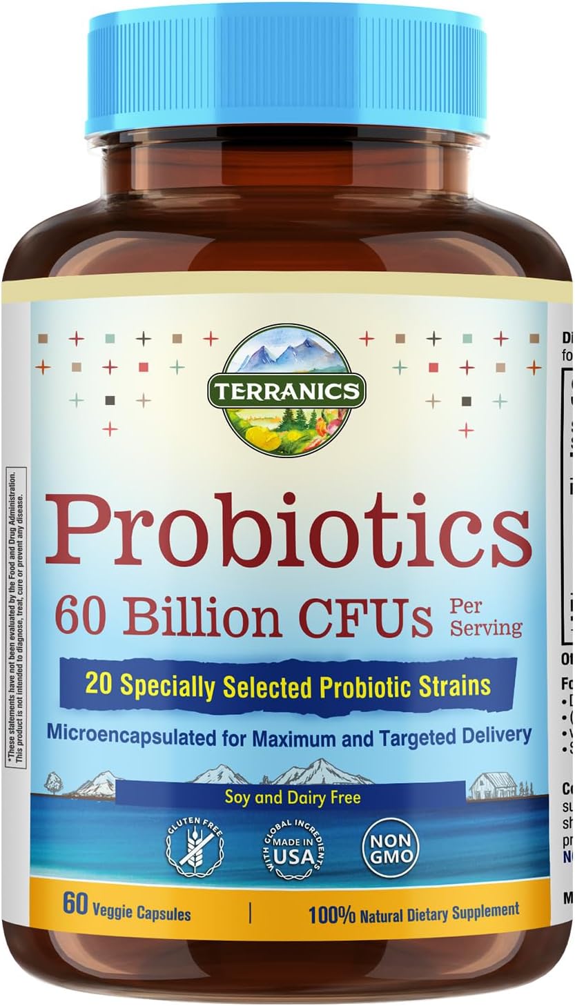 Terranics Probiotics 60 Billion CFU, 20 Strains, 60 Veg Capsules, Prebiotics & Probiotics, Shelf Stable Probiotic Supplement for Men & Women, Non-GMO, NO Soy, Dairy & Gluten