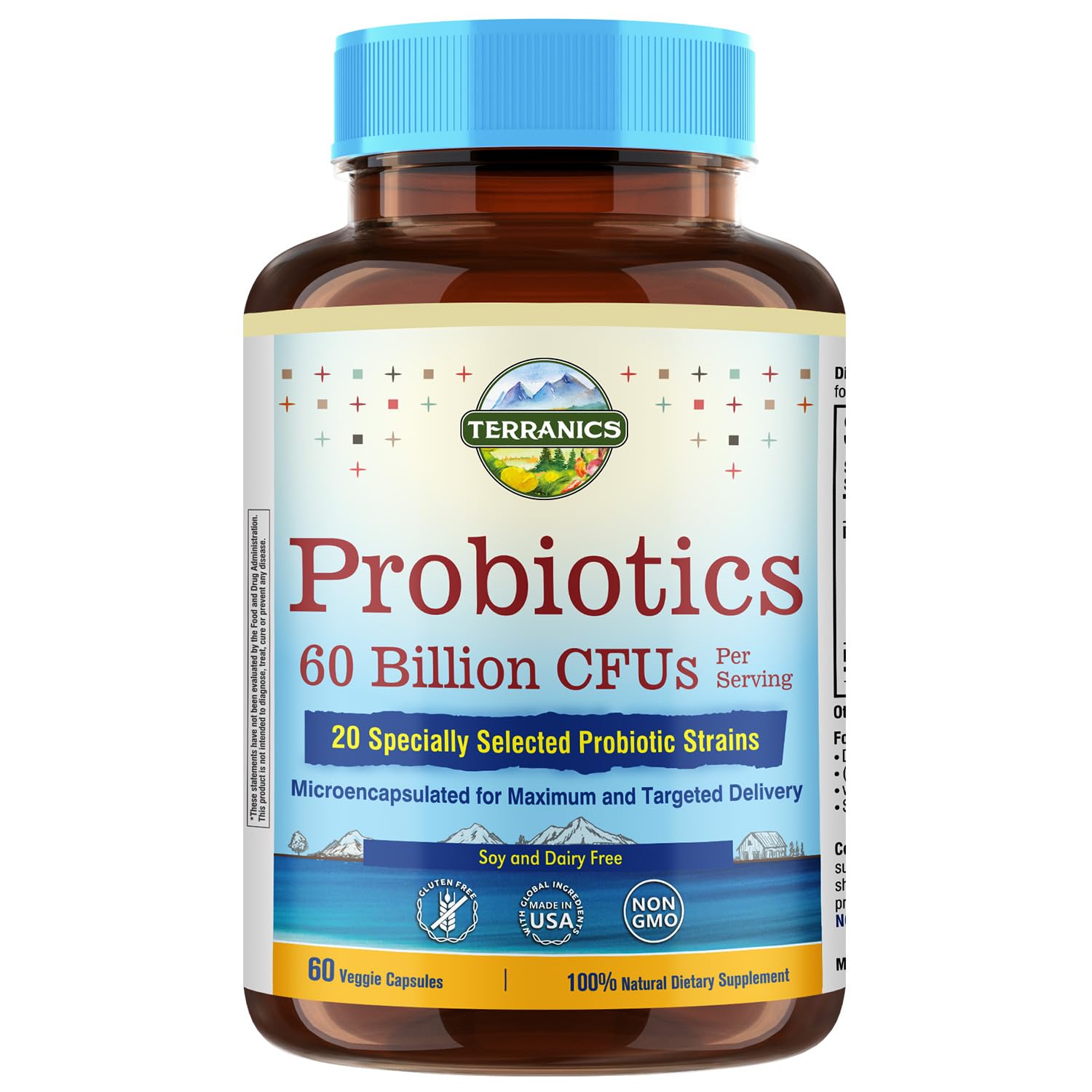 Terranics Probiotics with Prebiotics, 60 Billion CFU, 19 Strains, 60 Vegetarian Capsules, Acid & Bile Resistant, Shelf Stable, Supports Digestive& Immune Health, Non-GMO, Soy, Dairy & Gluten Free