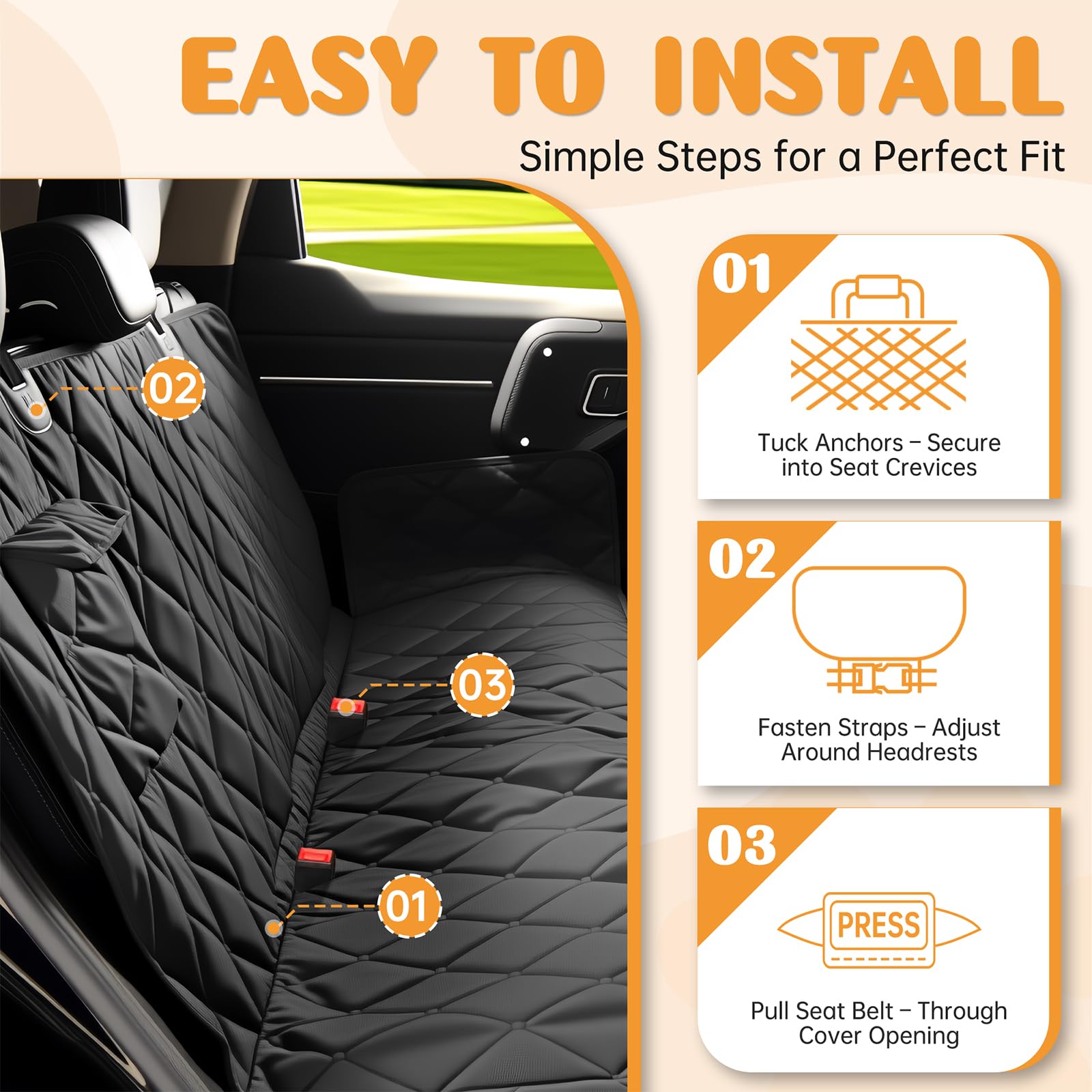 Funda de asiento de coche para perros para asientos traseros, 100% impermeable, duradera y suave, antideslizante, protector de asiento de coche para coches, SUV y camiones (negro, estándar