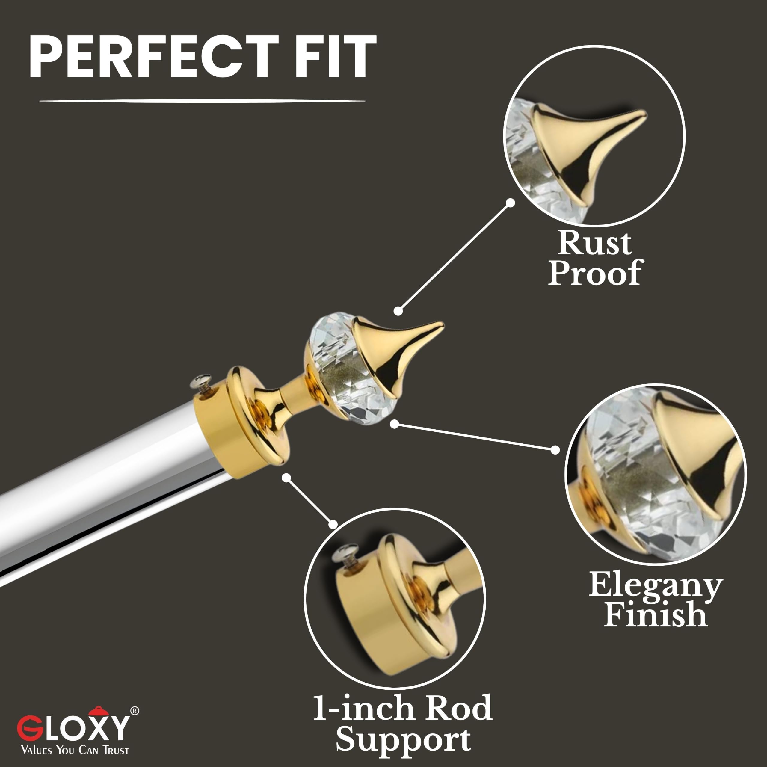 GLOXY Golden Single Diamond Curtain Bracket Set with Finials Combo Pack of 6 Pair - Curtain Holders for Wall - Parda Holders with Support Fittings and 1 Inch Rod Pocket Finials for Door and Window 1