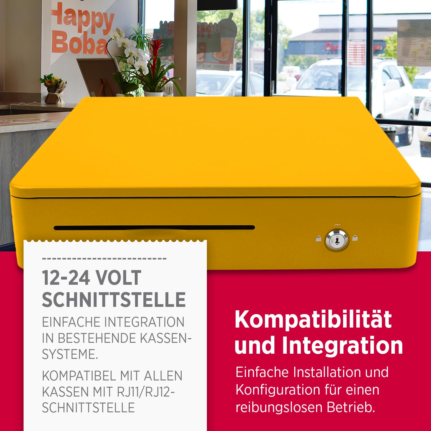 Olympia M 405 amarillo | Cajón para efectivo con 8 compartimentos para monedas y 4 compartimentos para billetes | robusta base de metal | caja registradora con cerradura y conector RJ11/RJ12