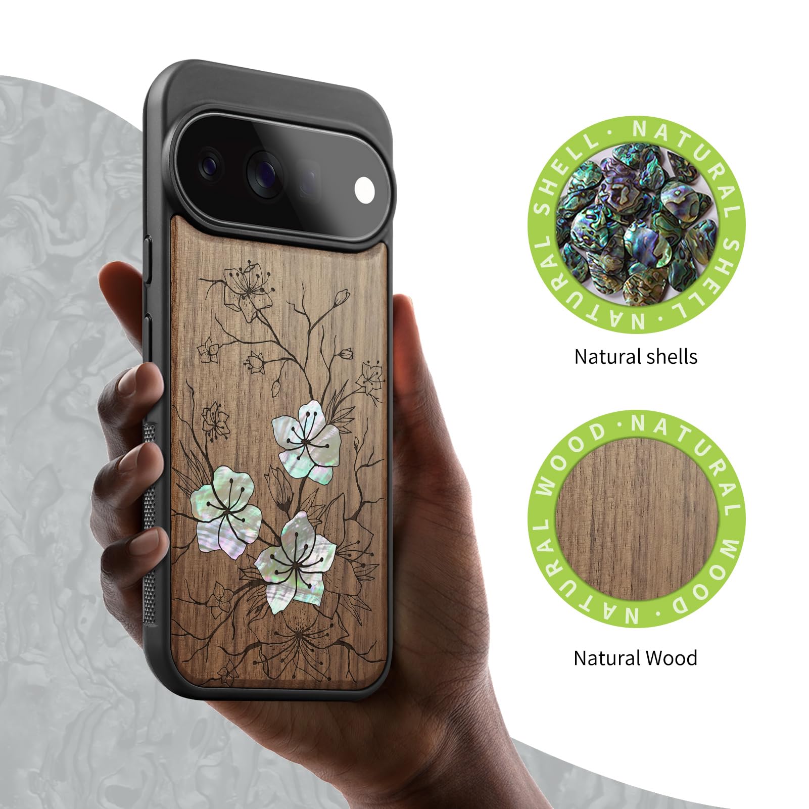 Carveit Madera Funda para Google Pixel 11 Pro (Nogal-Susurros de Sakura)