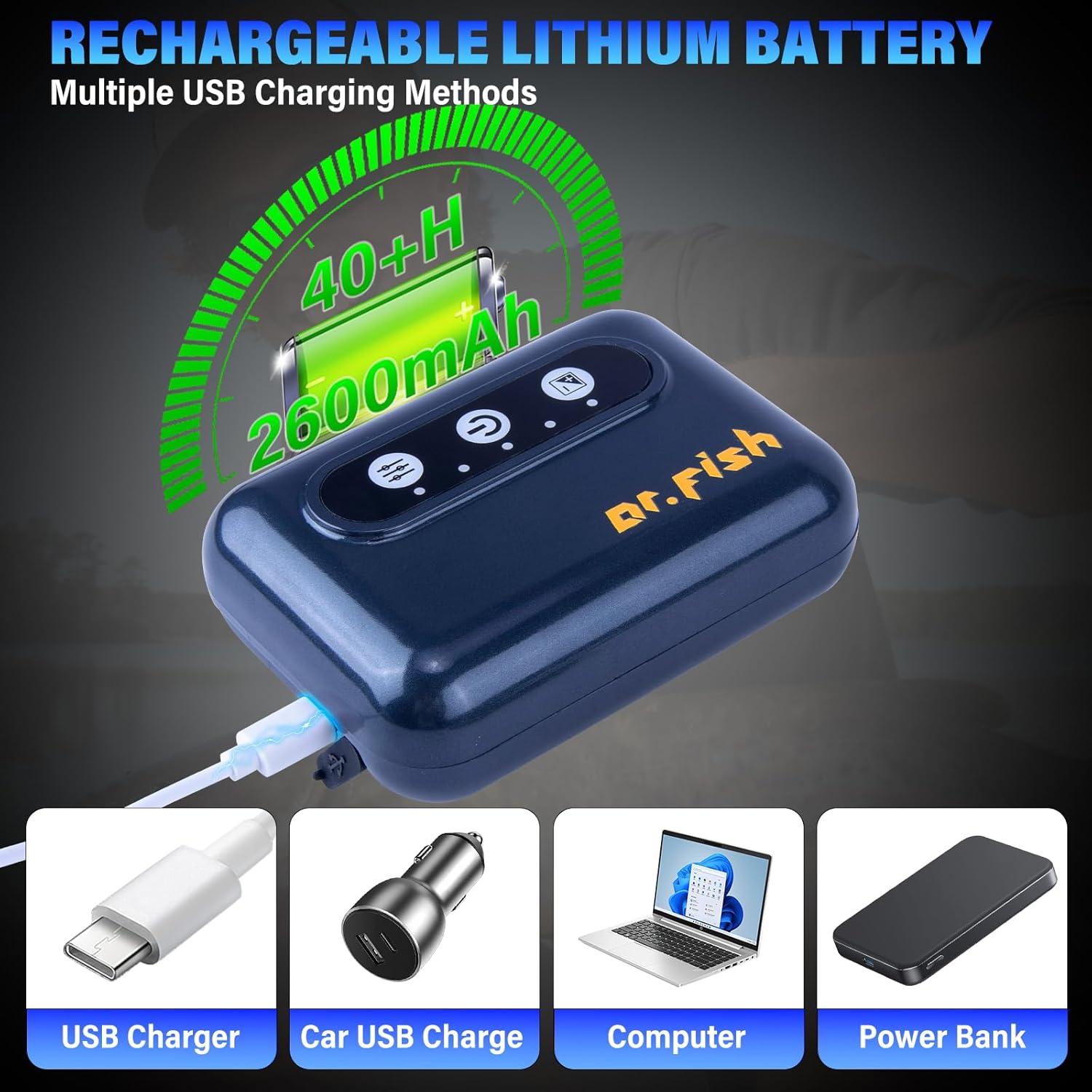 Dr.Fish Aquarium Air Pump, Battery Powered 2600mAh/5200mAh USB Rechargeable, Up to 72 Hours Runtime, Quiet Aerator Bubbler Pump for Outdoor Fishing Fish Tank Live Bait Bucket