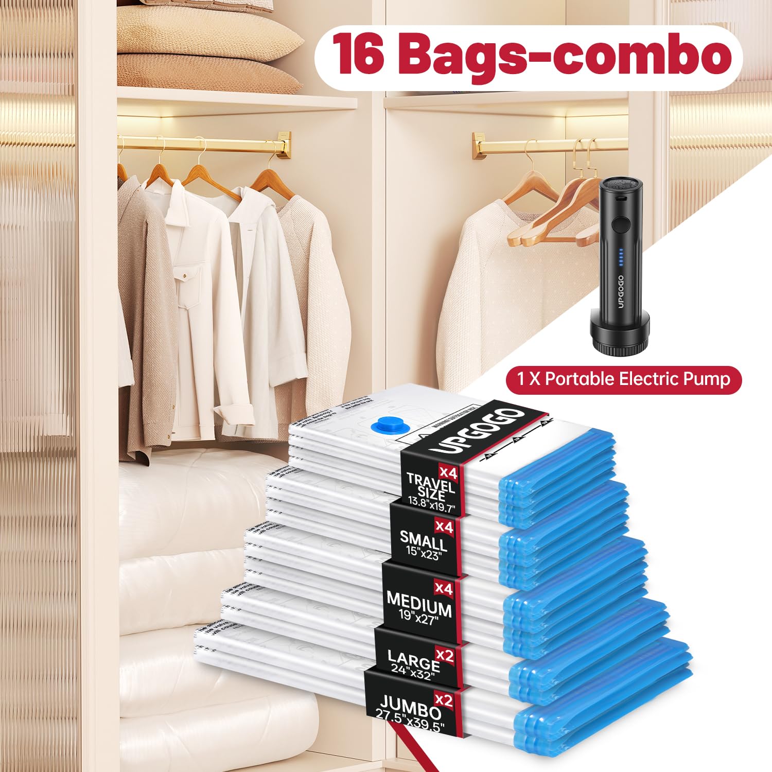 UPGOGO Confezione da 16 sacchetti sottovuoto con pompa elettrica portatile, sacchetti sottovuoto per abbigliamento, sacchetti salvaspazio da viaggio per bagagli