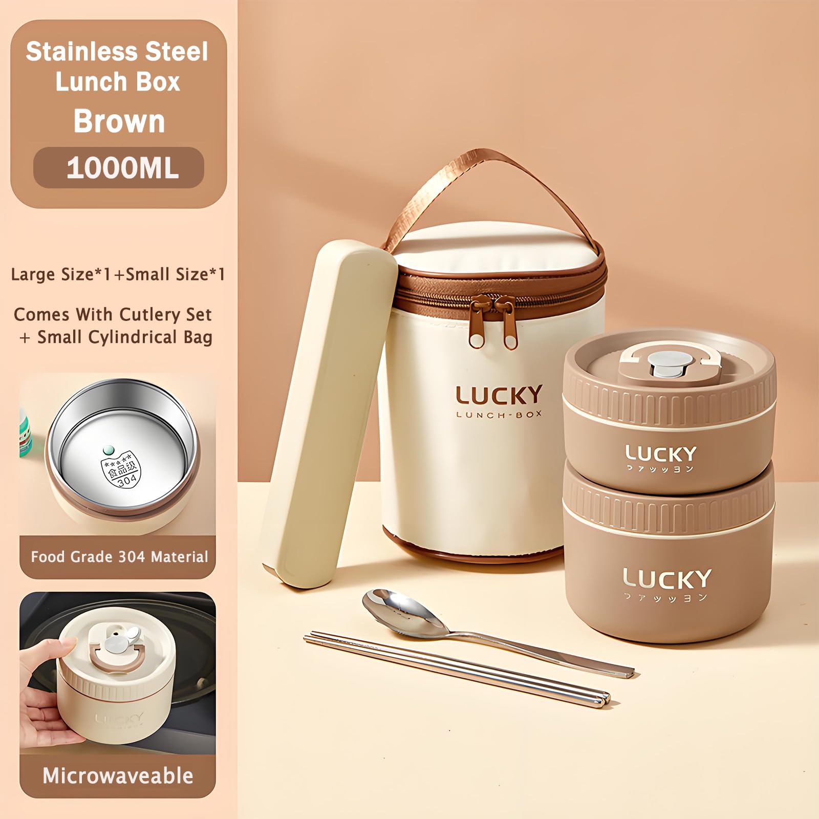 Lonchera de acero inoxidable, caja bento aislada de 3 niveles, apta para microondas, cuenco de sopa para adultos, recipiente térmico para trabajadores de oficina (marrón, 2 piezas + vajilla +