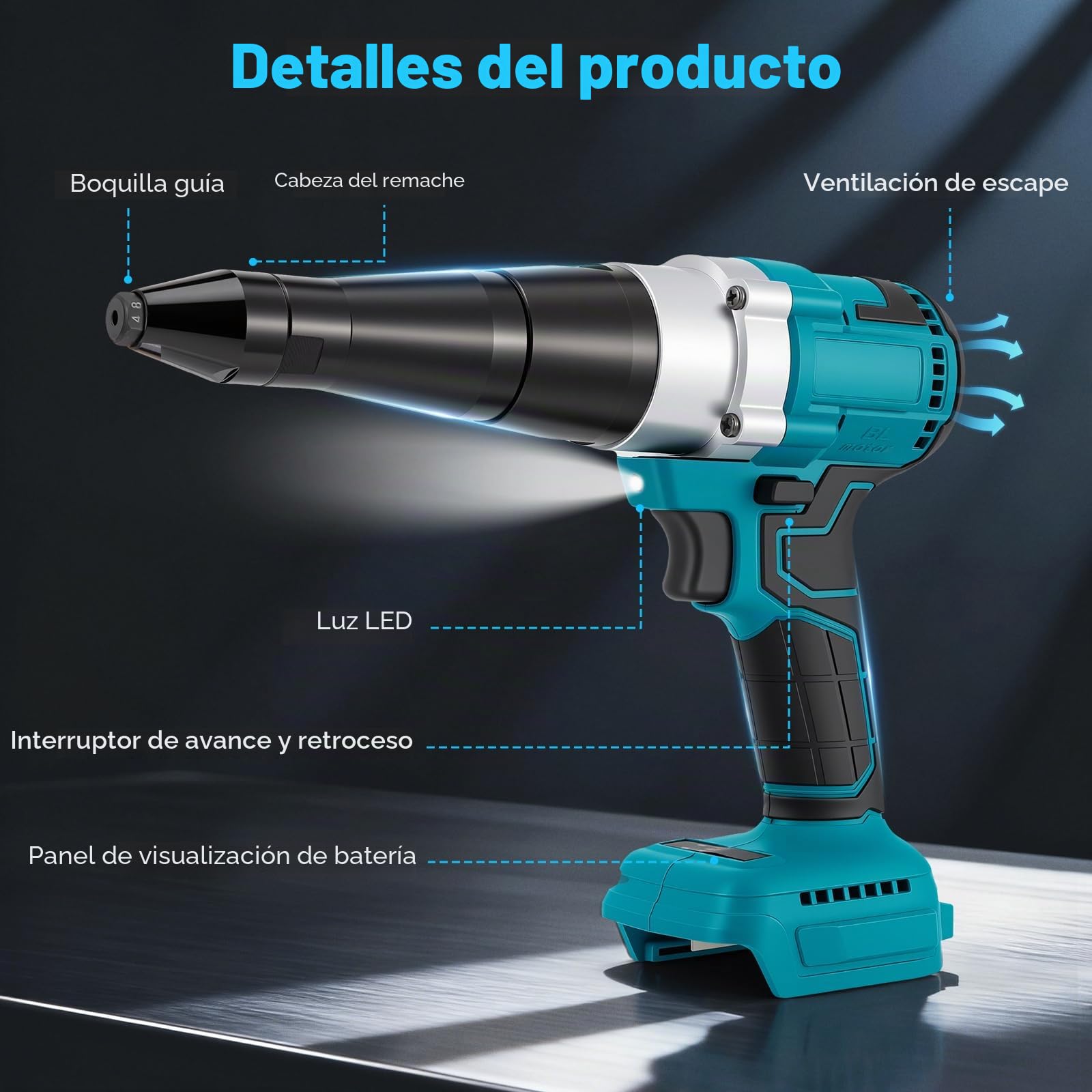 Remachadora inalámbrica compatible con Makita 18V, remachadora inalámbrica con motor sin escobillas, 3 boquillas para remaches de aluminio y acero inoxidable de 2,4-5,0 mm, con luz LED