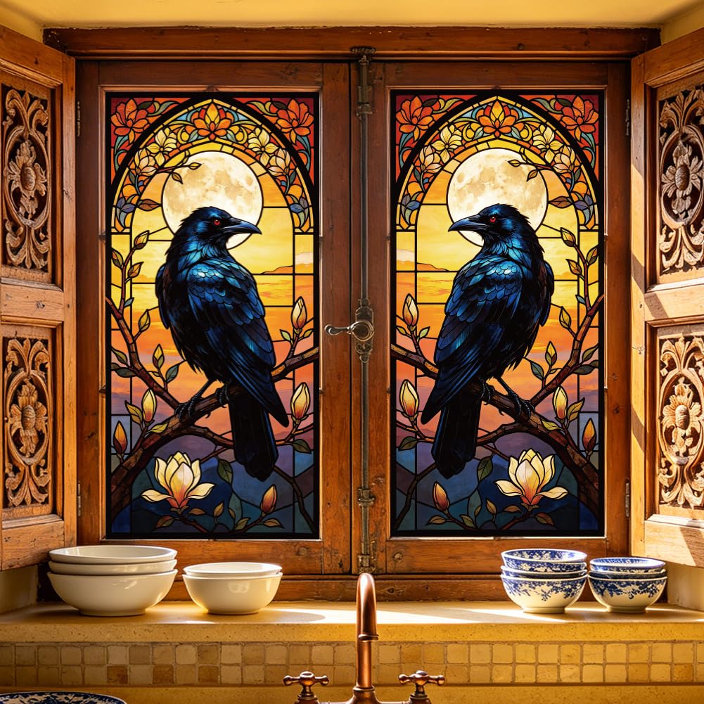ANATTASOUL Stained Glass Crows Static Window Stickers for Home Decoration