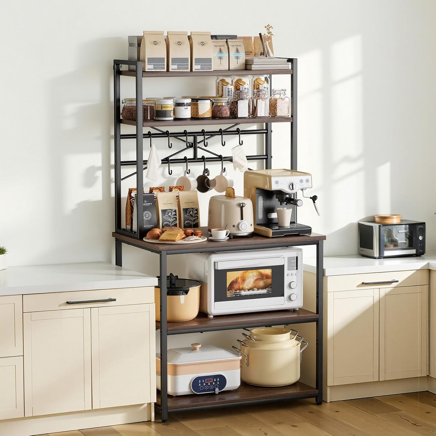 VEVOR Bakers Rack, 31.5 inch Width Microwave Stand,Kitchen Stand with X-Shaped Support Bar & 12 S-Shaped Hooks,Kitchen Storage Shelf for Dish Storage, Spice Jars, Coffee Bar Organization