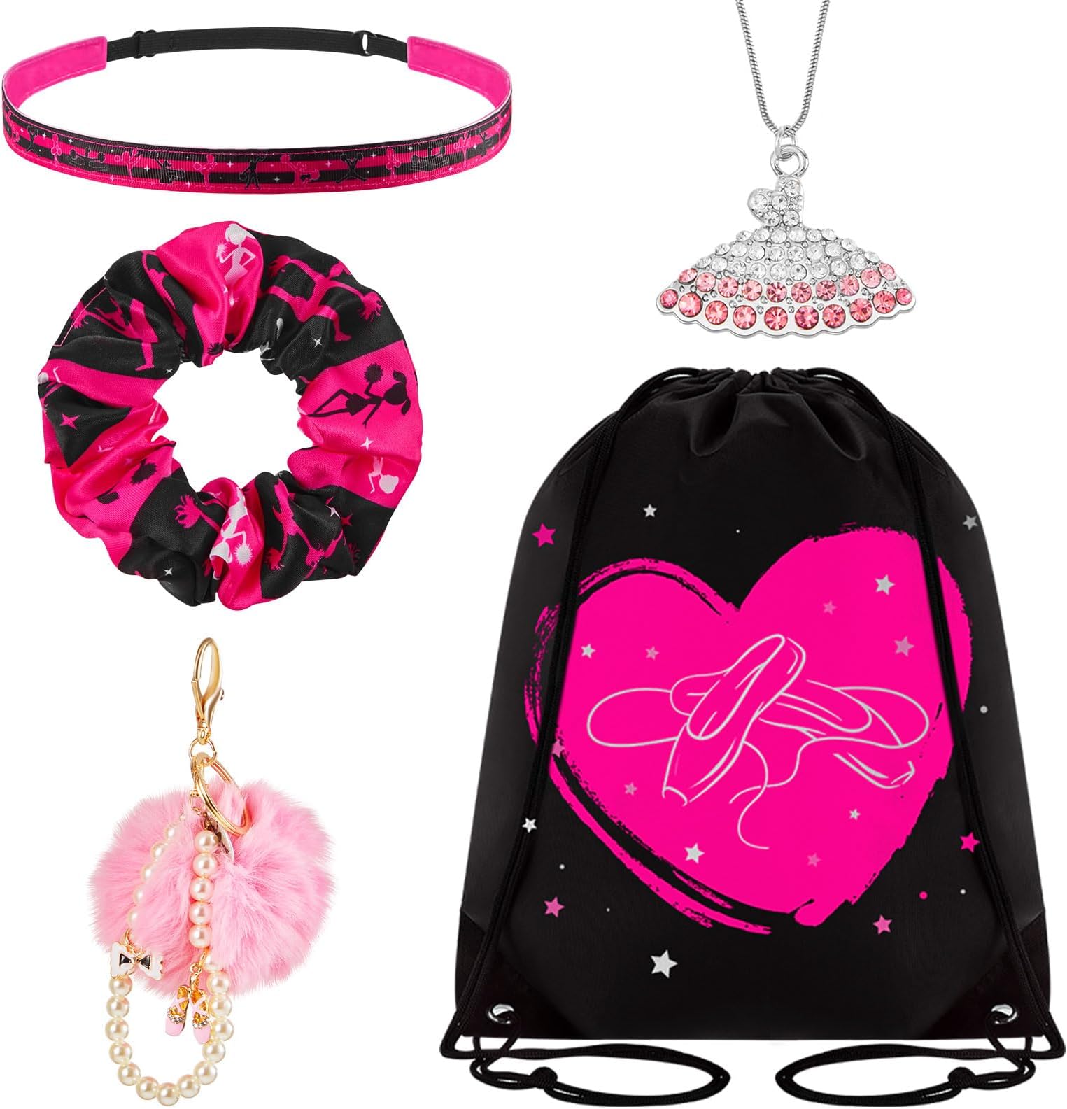 Sasylvia5 Pcs Gymnastics Dance Recital Gifts for Girls, Include Gym Dance Drawstrings Bags Dance Headbands Elastic Scrunchies Hair Accessories Ballerina Ballet Necklace Ball Pom Ballet Dancer