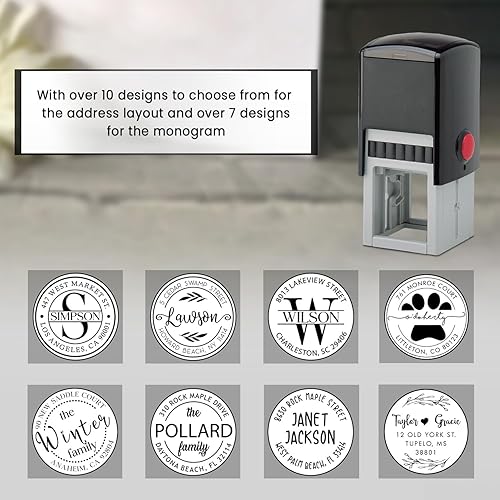 Miniatura 6 de Sello de dirección con monograma autoentintado personalizado con más de 10 diseños. 7+ diseños