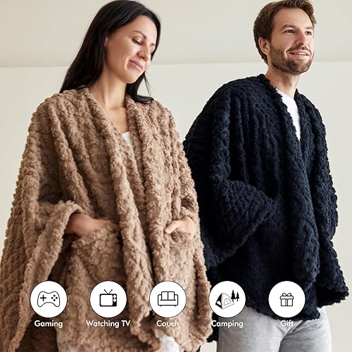 Miniatura 4 de Royoliving Manta de vellón Sherpa con bolsillos para adultos, manta de felpa ultrasuave para TV (negro, 58 x 64 pulgadas)