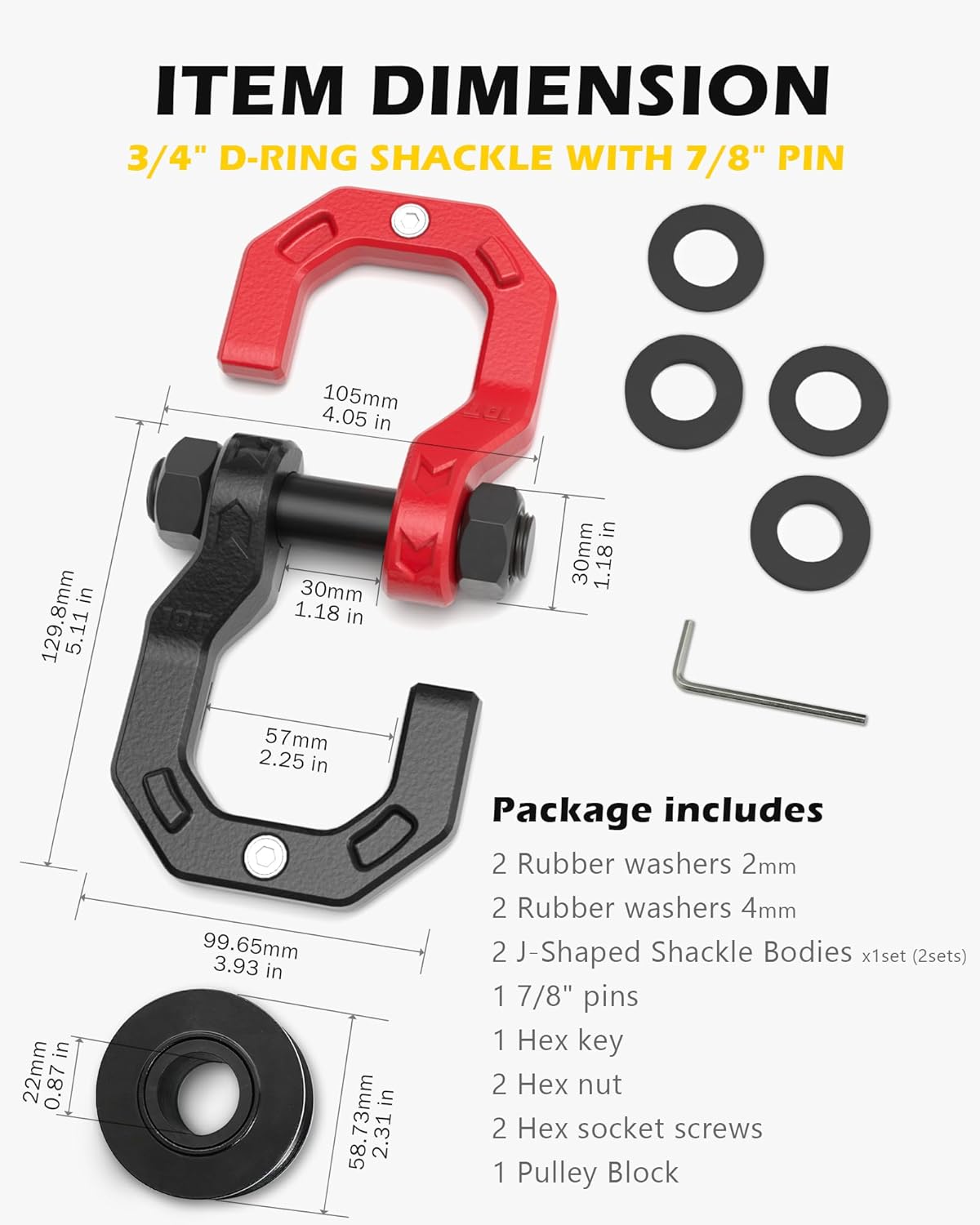 Separate D-Ring Shackle with Pulley Block, Towing Winch Snatch Block & 3/4" Separate D-Ring Shackle 2in1 Set, 57320lbs(26T) Breaking Strength, for Recovery, BlackRed - Image 4