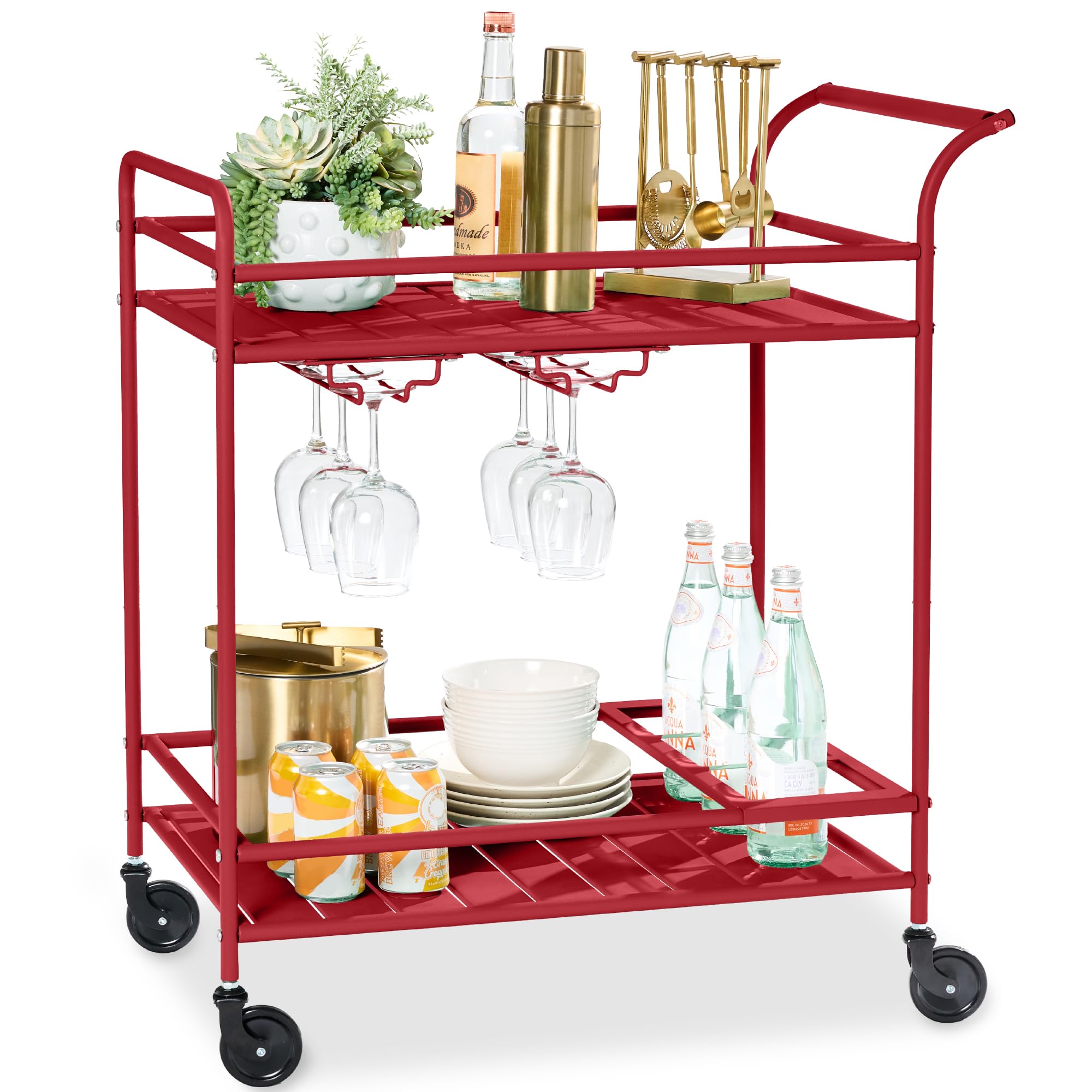 Best Choice Products Outdoor Mobile Patio Bar Cart, Home Bar Serving Cart, BBQ Side Table w/ 2 Tier Storage, Wine Rack, Lockable Wheels - Red