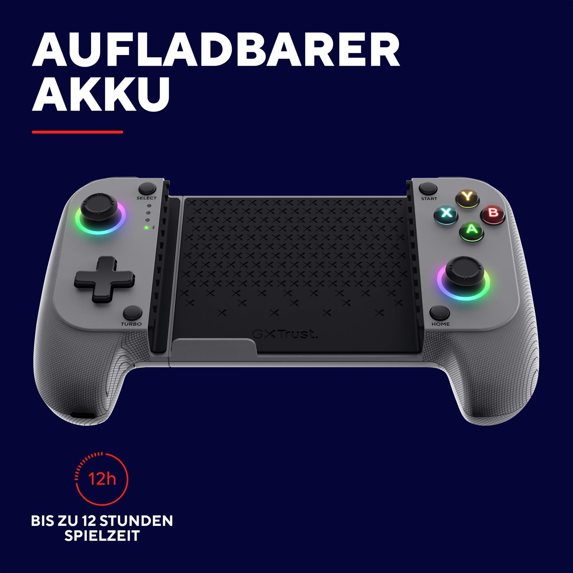 Trust Gaming GXT 735G Mylox Bluetooth Handy Controller für Iphone/Android /PS5 /Xbox, 12 Stunden Spielzeit, Dual-Feedback-Vibration, RGB-Beleuchtung, Handheld Wireless Gamepad, Mobile Gaming, Grau