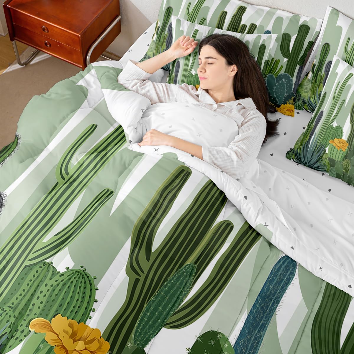 Erosebridal Cactus Comforter Set Prickly Pear Bed in A Bag Queen Size 7 Pieces Desert Plant Flower Bed Set Botanical Green Leaves Garden Style Bedding