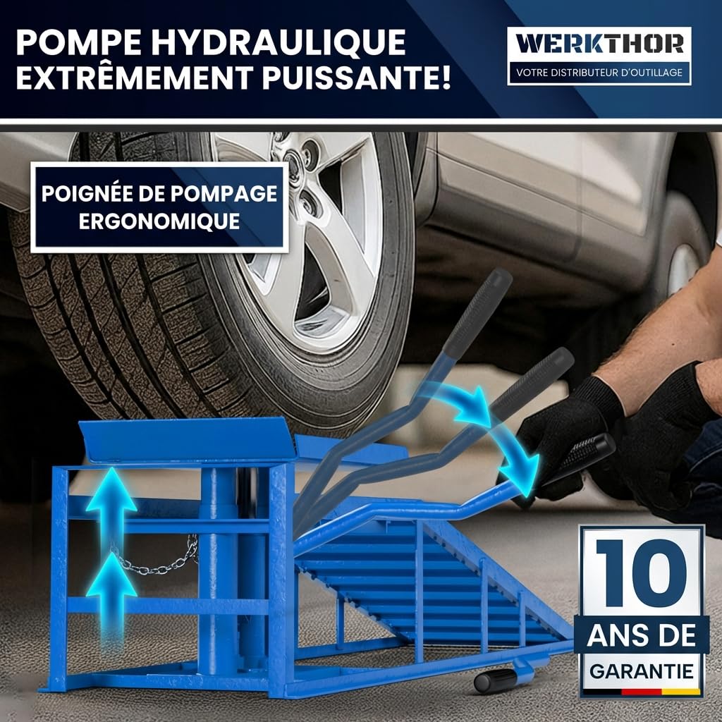 WERKTHOR Rampe de Levage Voiture Hydraulique [Blau Lot de 2] – Rampes Voiture avec Soupape de Sécurité Jusqu’à 3T – Rampe Voiture Réglable en Hauteur – Pont Élévateur Voiture Compact