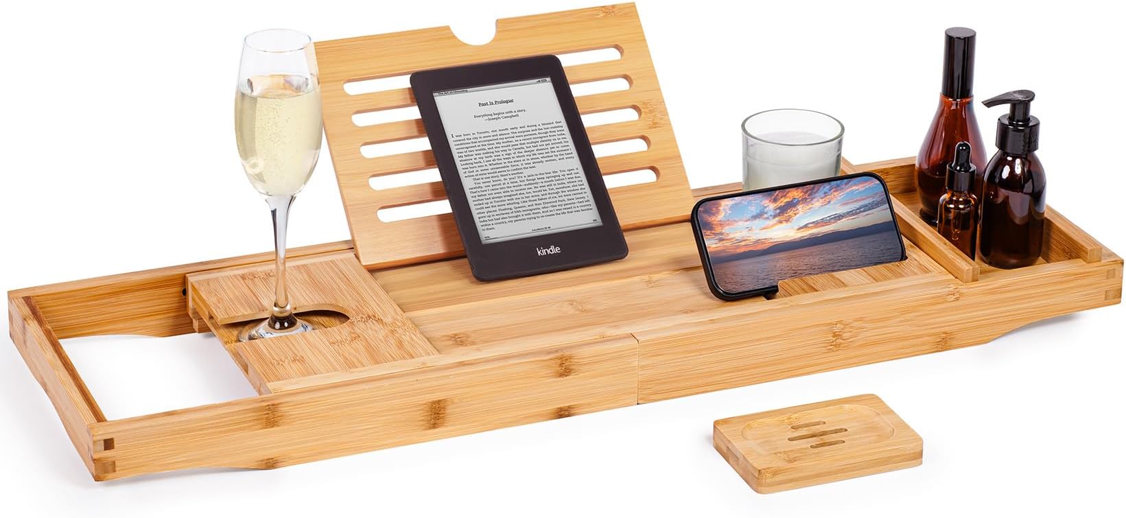 Woodluv Bath Tray, Extendable Bath Caddy Trays for Bathtub Accessories with Tablet Phone Slots, Candle Mug/Cup Holder, Bathroom Organiser, Bath trays for across the bath with Soap Holder, Natural Wood
