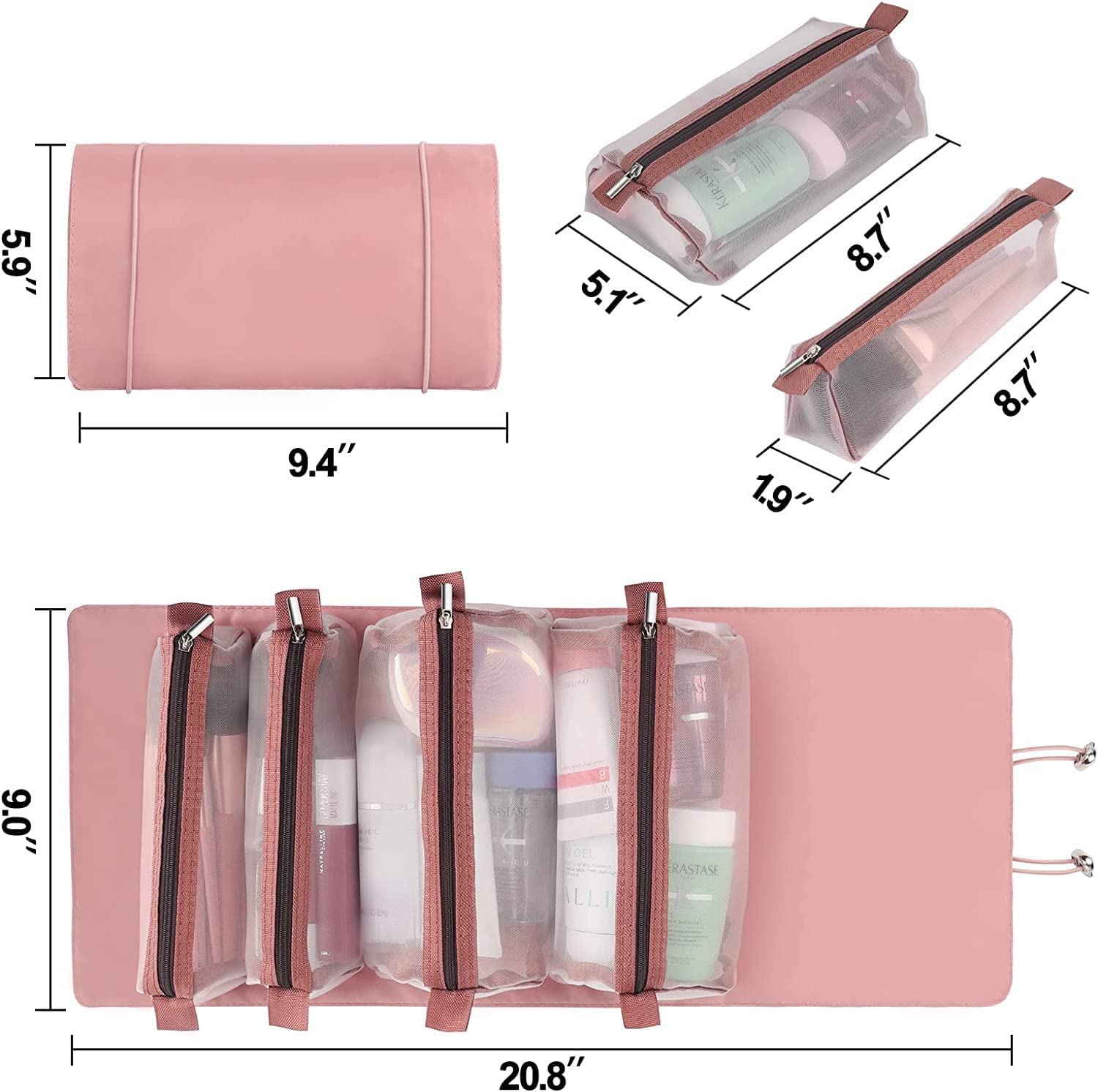 MURTISIDDH Roll Up Foldable Cosmetic Makeup Toiletry Storage Organizer Bag Kit Removable Mesh Pouch (Rose Gold) 1