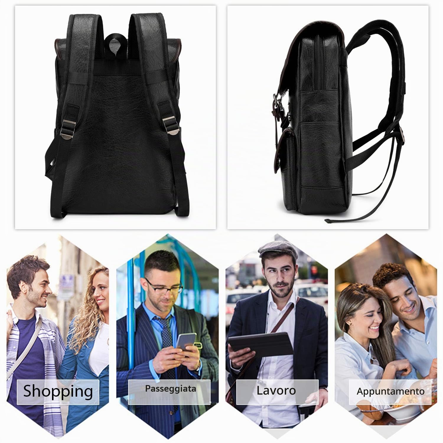 FANDARE Uomo Donna Zaino PU Zainetto per 14 Pollici PC Impermeabile Borsa da scuola Ragazzo Borsetta Universitaria Zaino per Computer Portatile Lavoro per Scuola Viaggio Daypack Nero